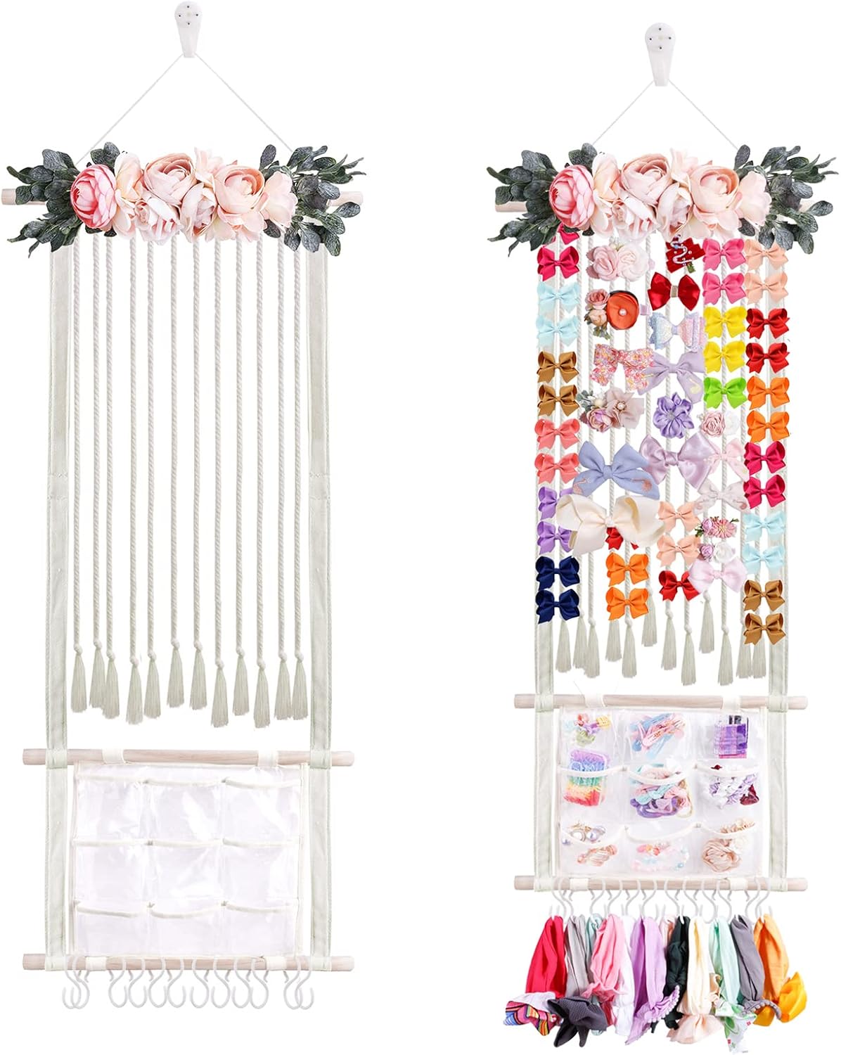White hanging hairbow holder with pastel florals filled with hair accessories on a bedroom wall