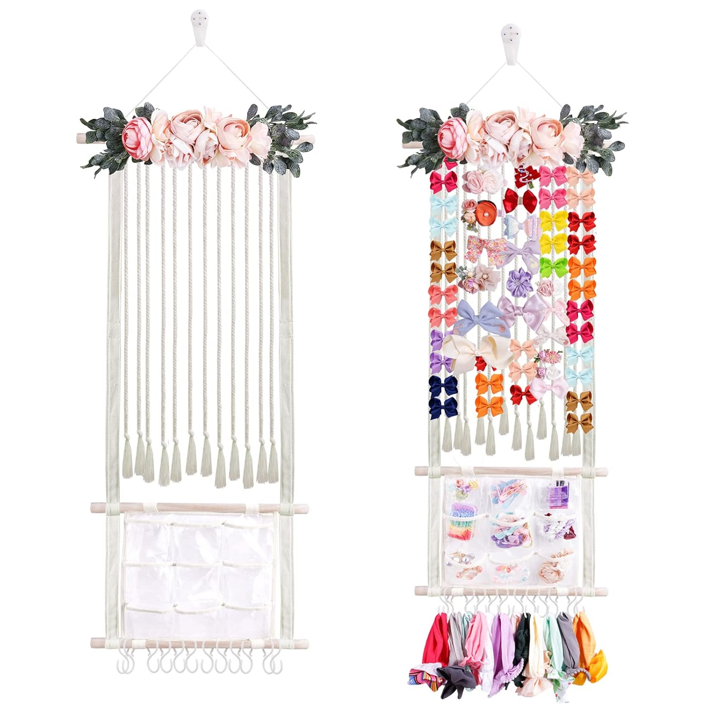 cherrboll Hair Bows Holder Headband Organizer for Girls Hair Clips Hanger Storage with Hooks Wall Hanging Decor for