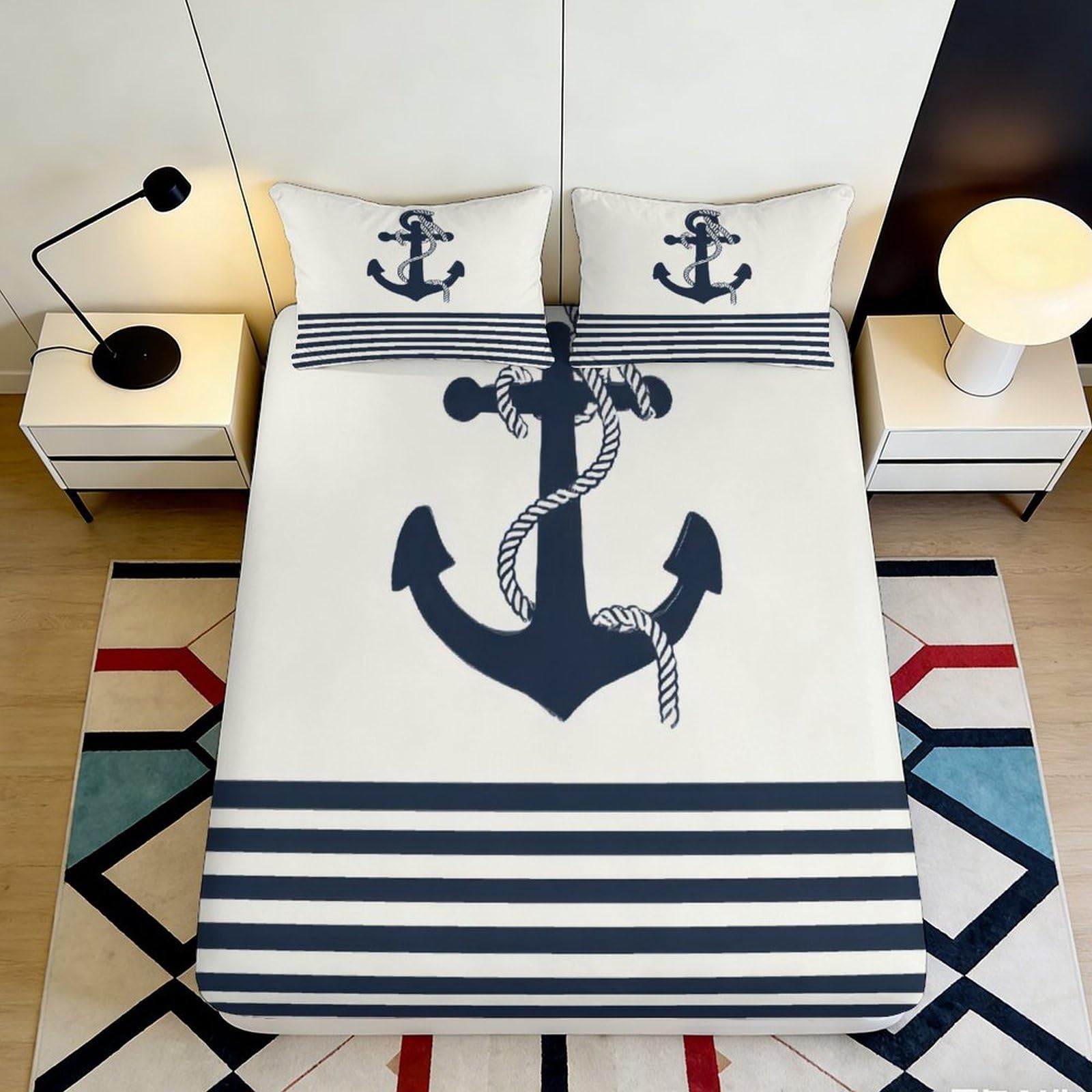 3D Printed Anchor Fitted Sheet, Soft Touch Microfiber Bed Cover, Nautical Bedroom Decor, Wrinkle Resistant, Home Bedding, Guest Room Style, Easy Care, 3D Art Pattern, 116 90x200x25cm