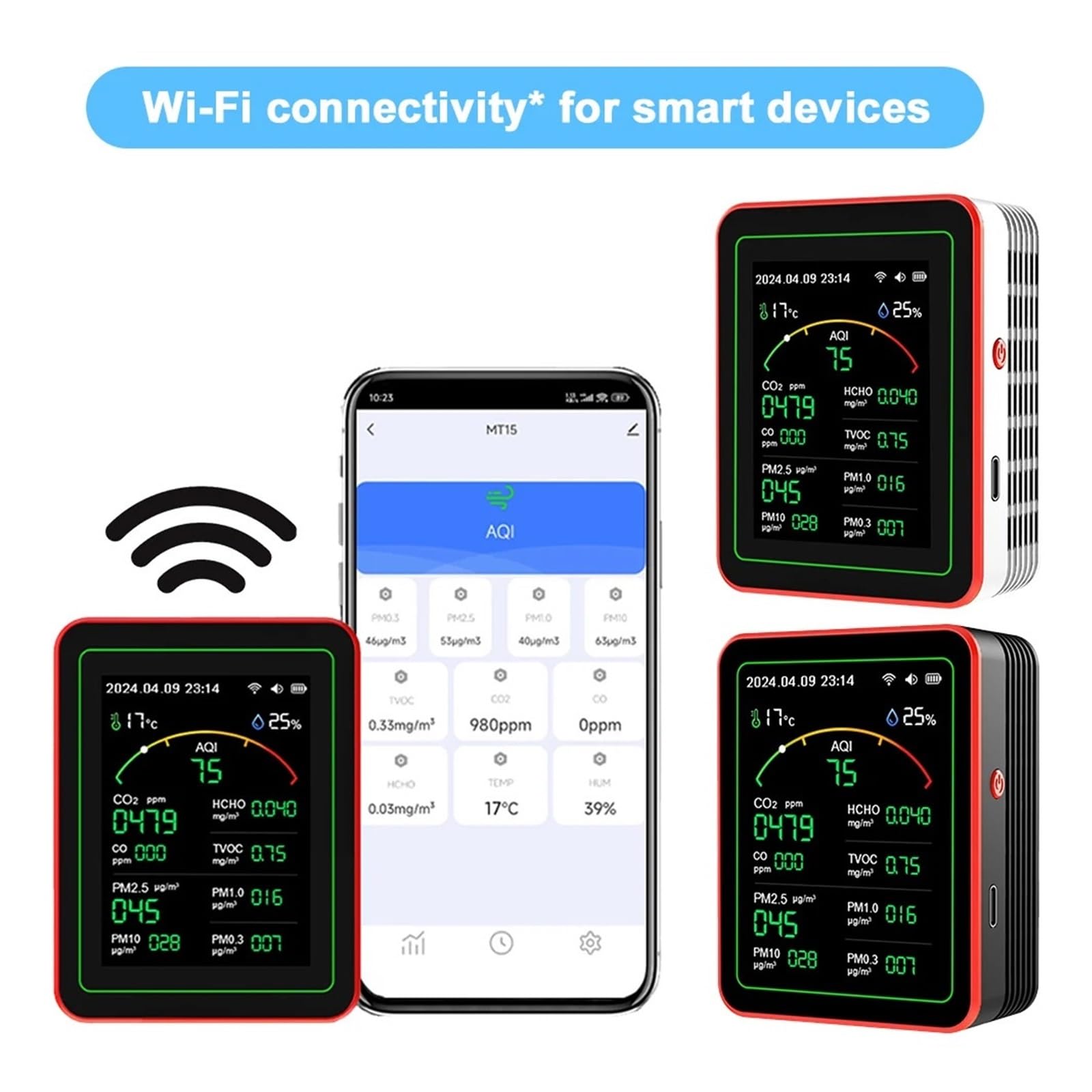 Monitor de calidad del aire, Detector De Calidad Del Aire WiFi 15 En 1, Pantalla TFT, Portátil For El Hogar, PM0.3 PM1.0 PM2.5 PM10 CO CO2 TVOC HCHO(Black)