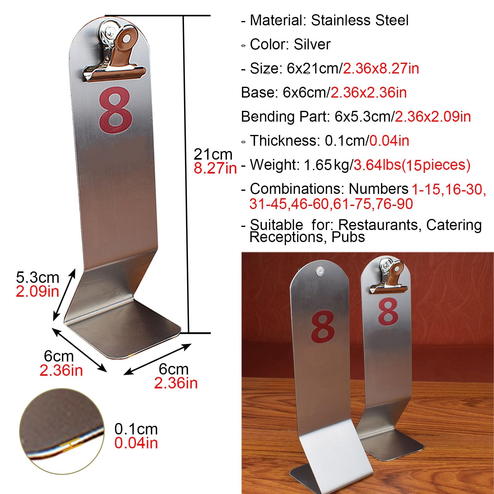 Kantinentischnummern 10 15 25, gr??ere und l?ngere Tischschilder aus Edelstahl mit Clip f¨¹r Restaurants, Empf?nge, Bistros, doppelseitige Tischkartenhalter (Farbe: Silber (61¨C75))