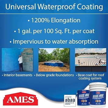 Ames Research Laboratories BMX5RG Blue MAX Waterproofer, Regular Use in Interior & Below-Grade Exterior Concrete Sealer and More. Liquid Rubber, 5 Gallon (Pack of 1), 640 Fl Oz | Ideal for waterproofing above & below grade foundations, basements, roofs, floors & more.