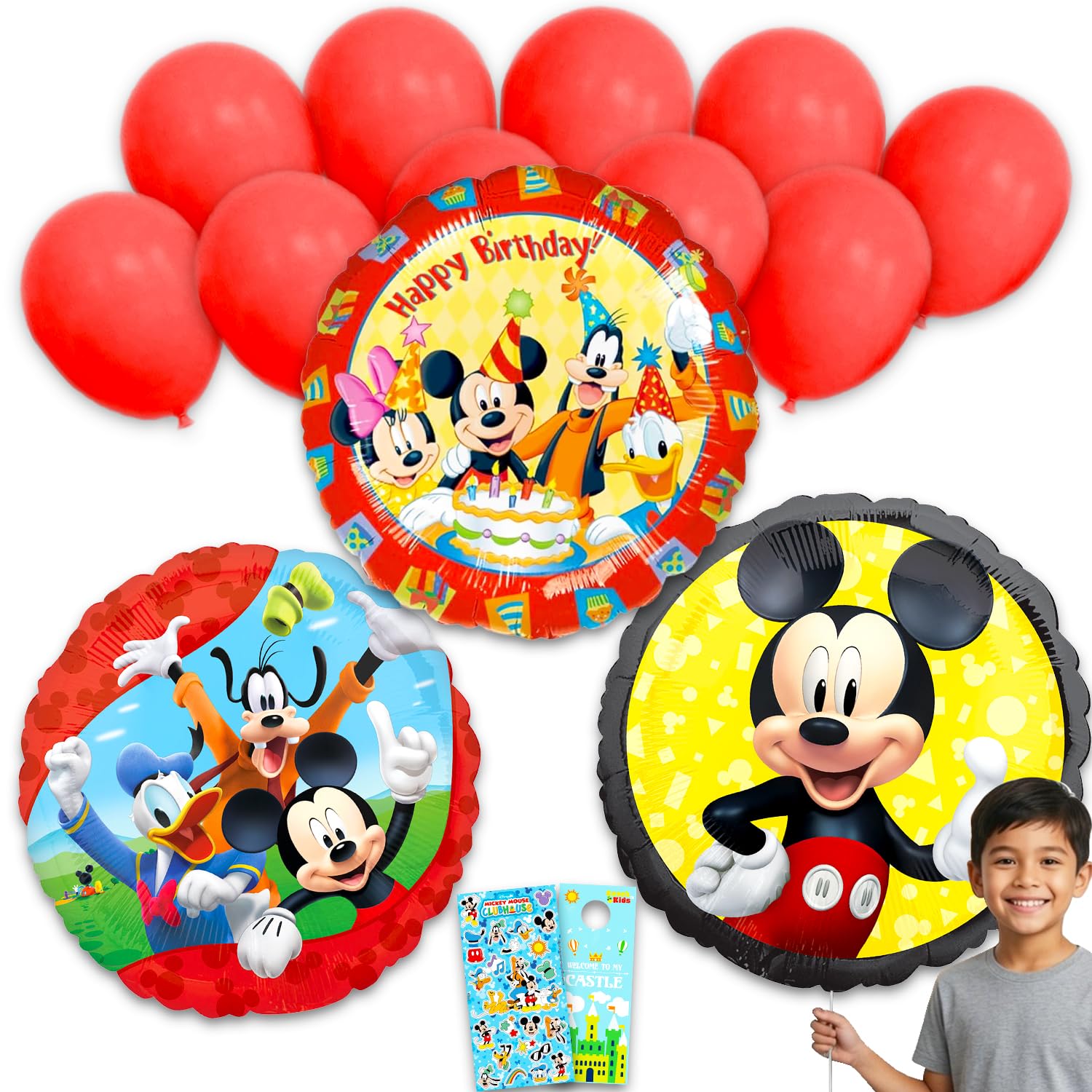 Juego de globos de cumpleaños de Mickey y sus amigos, paquete con 3 globos decorativos de aluminio de Disney más calcomanías, más decoraciones de globos de Mickey Mouse y amigos para fiestas