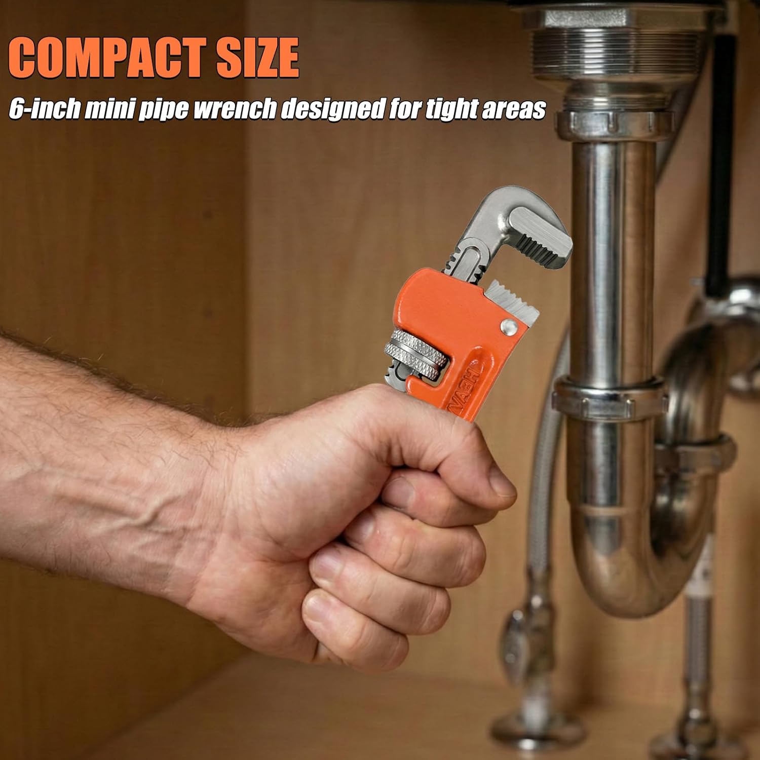 6 Inch Heavy Duty Mini Pipe Wrench, Compact Adjustable Plumbing Wrench for Tight Spaces, Straight Plumber Tool with Floating Hook Jaw and I-Beam Handle