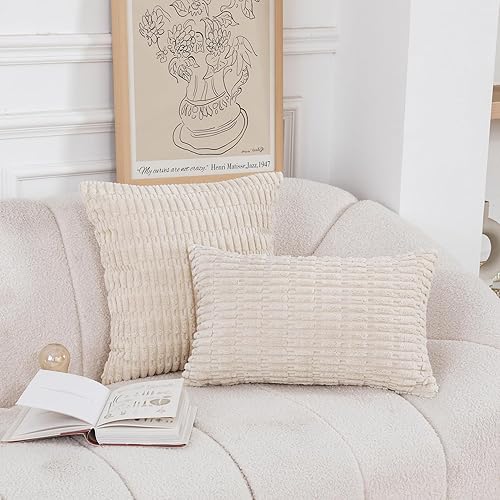 Miniatura 4 de HWY 50 Juego de 2 fundas de cojín decorativas de pana de 16 x 16 pulgadas, fundas de cojín modernas a rayas suaves para sofá y cama, fundas de cojín