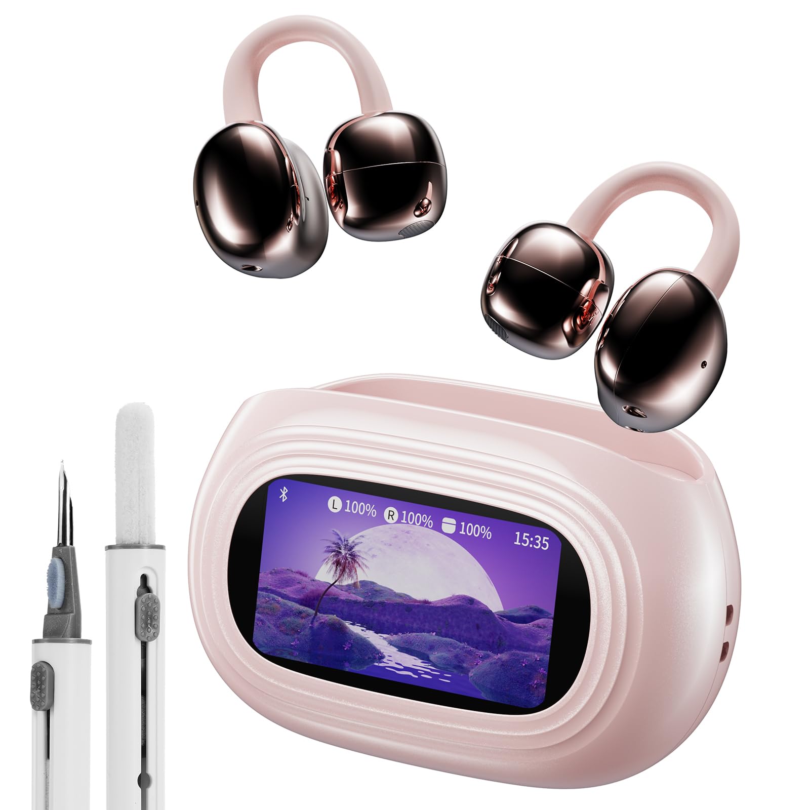 kentfaith KI Übersetzer Ohrhörer Echtzeitübersetzung 150 Sprachen & 16 Offline Sprachen, 6 Modi, Bluetooth 6.0, Ear-Clip-Ohrhörer mit Touchscreen-Ladecase für Reisen, Lernen & Geschäft (Rosa)
