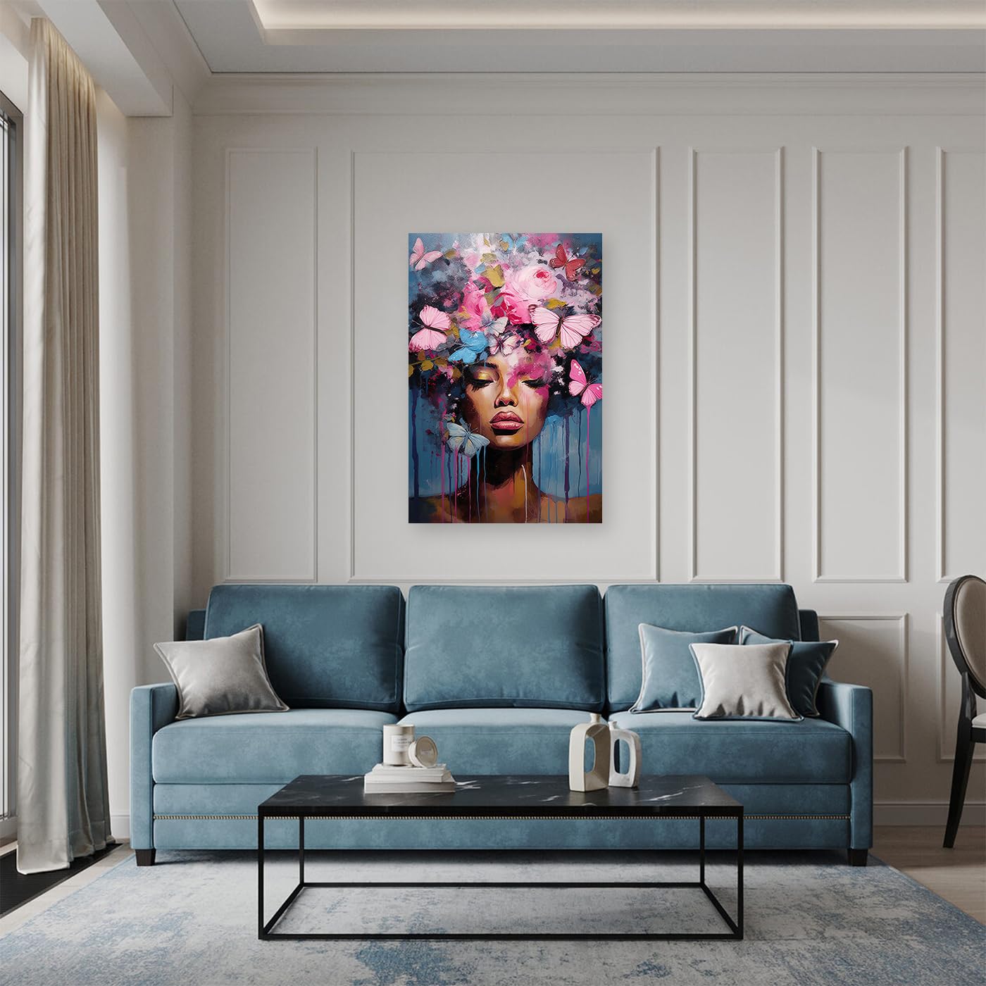 Afroamerikanische Leinwand Wandbild 40x60 Cm – Weiße Blume Auf Schwarzem Frauenkopf, Abstrakte Kunst, Wanddekor