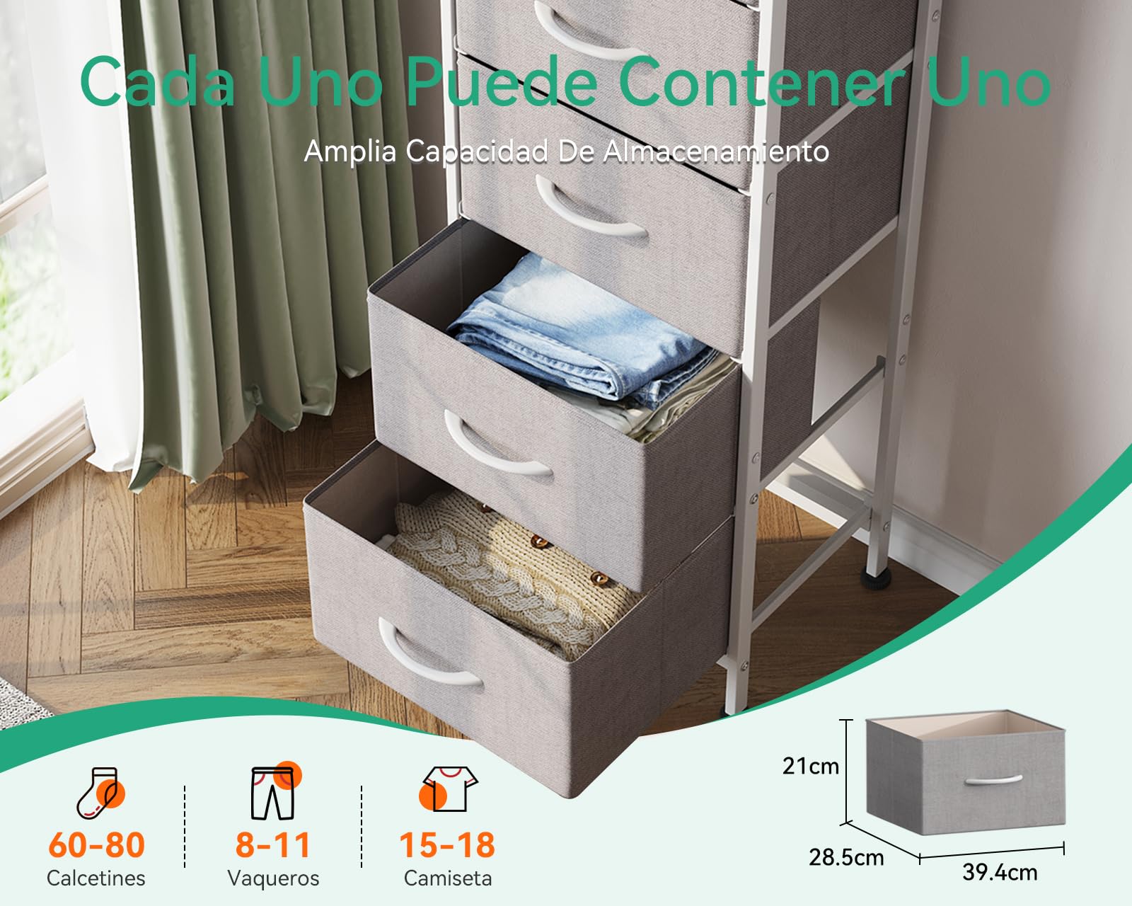 Coleshome Comoda Dormitorio, Comoda Estrecha y Alta con 5 Cajones de Tela, Estructura de Acero Resistente y Tablero de Madera, Ideal para Dormitorio y Salón, 40 x 30 x 120 cm, Gris Claro
