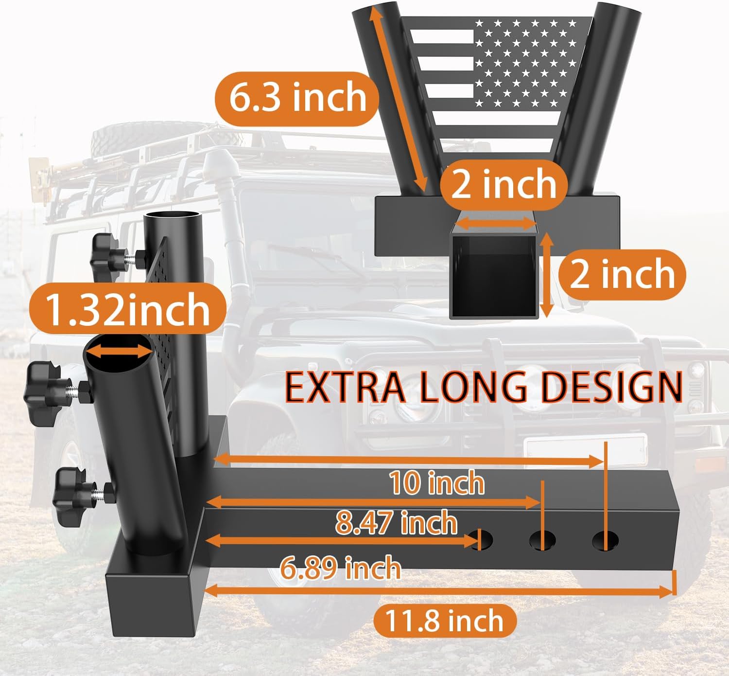 Heavy Duty Hitch Receiver Flagpole Holder with 11.8 Inch Insert, Dual Pole Design - Suitable for 2-inch Square Receiver, for Any Flagpole from 0.75 to 1.3inch