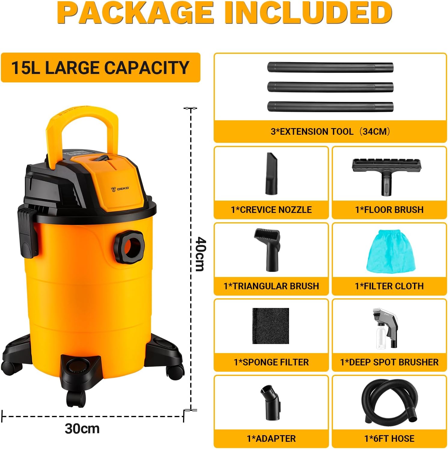 DEKOPRO Shop Vacuum Wet and Dry:4-Gallon 3 Peak HP Portable Shop vac, car Vacuum with 1-1/4 Inch 4Ft Hose, 6 Ft Cord,Wet Dry Vacuum Cleaner for Homes, Pets, and Cars