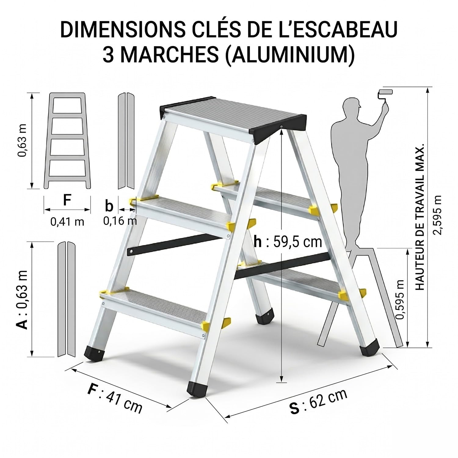 DWA - Scaletta doppia pieghevole in alluminio, 3 gradini