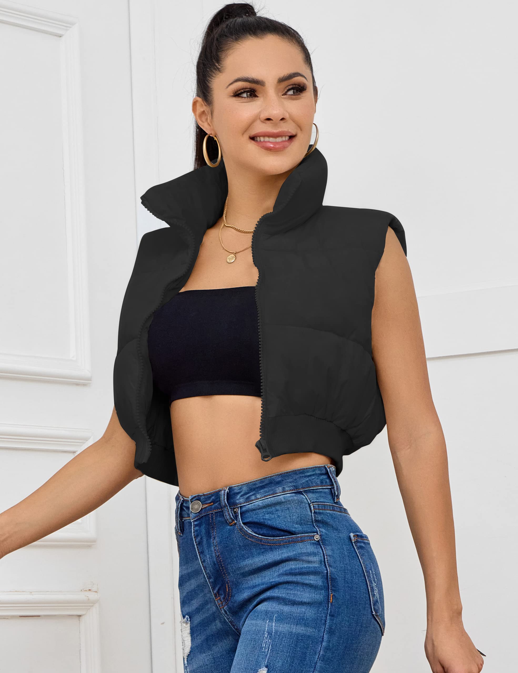 Kissonic Women's Padded Down Vest Puffer Stand Collar Zip Up Crop Sleeveless Jacket