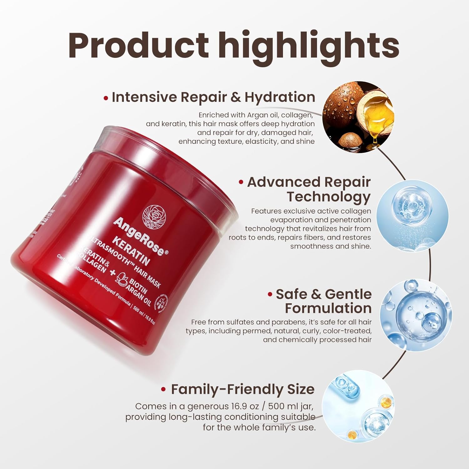 Keratin Hair Mask with Collagen & Argan Oil – Deep Conditioner Treatment for Dry Damaged Hair Repair – Hydrating & Strengthening Cream for Color Treated 16.9 Oz (500ml)