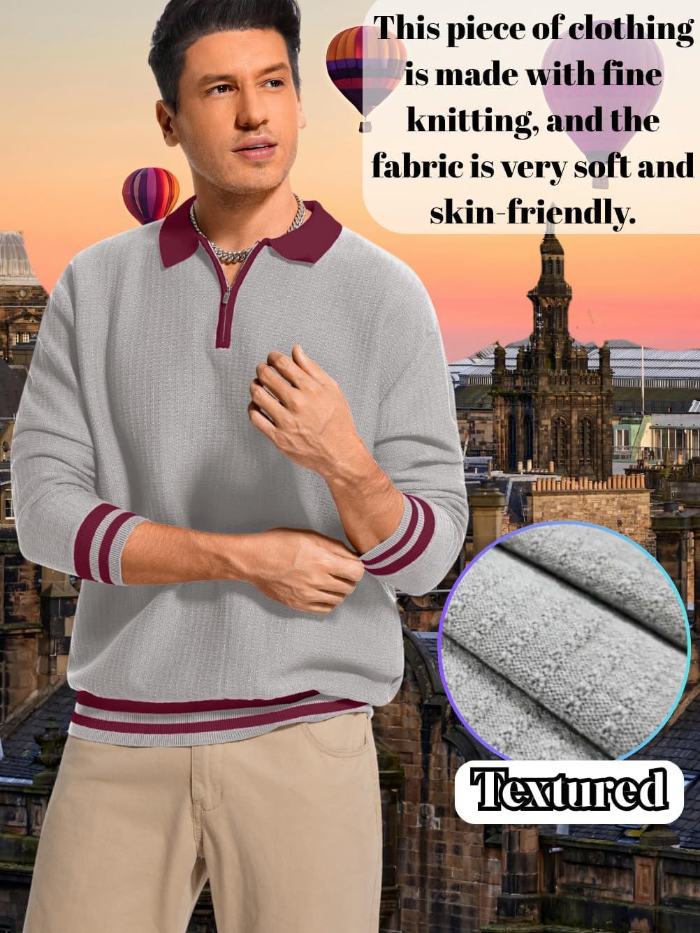 Men's Fashion Contrast Color Waffle Sweater, Quarter-Zip Collared Long Sleeve Pullover - Lightweight Loose Fit - Image 3