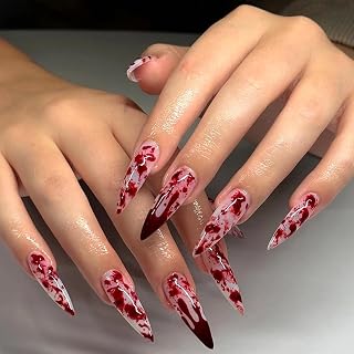 Halloween Press on Nails Blood Drop French Tip False Nails Long Almond Full Cover Glue on Nail Horrible Blood Drop Design Acrylic Fake Nails Red Glossy Artificial Nail Reusable for Women