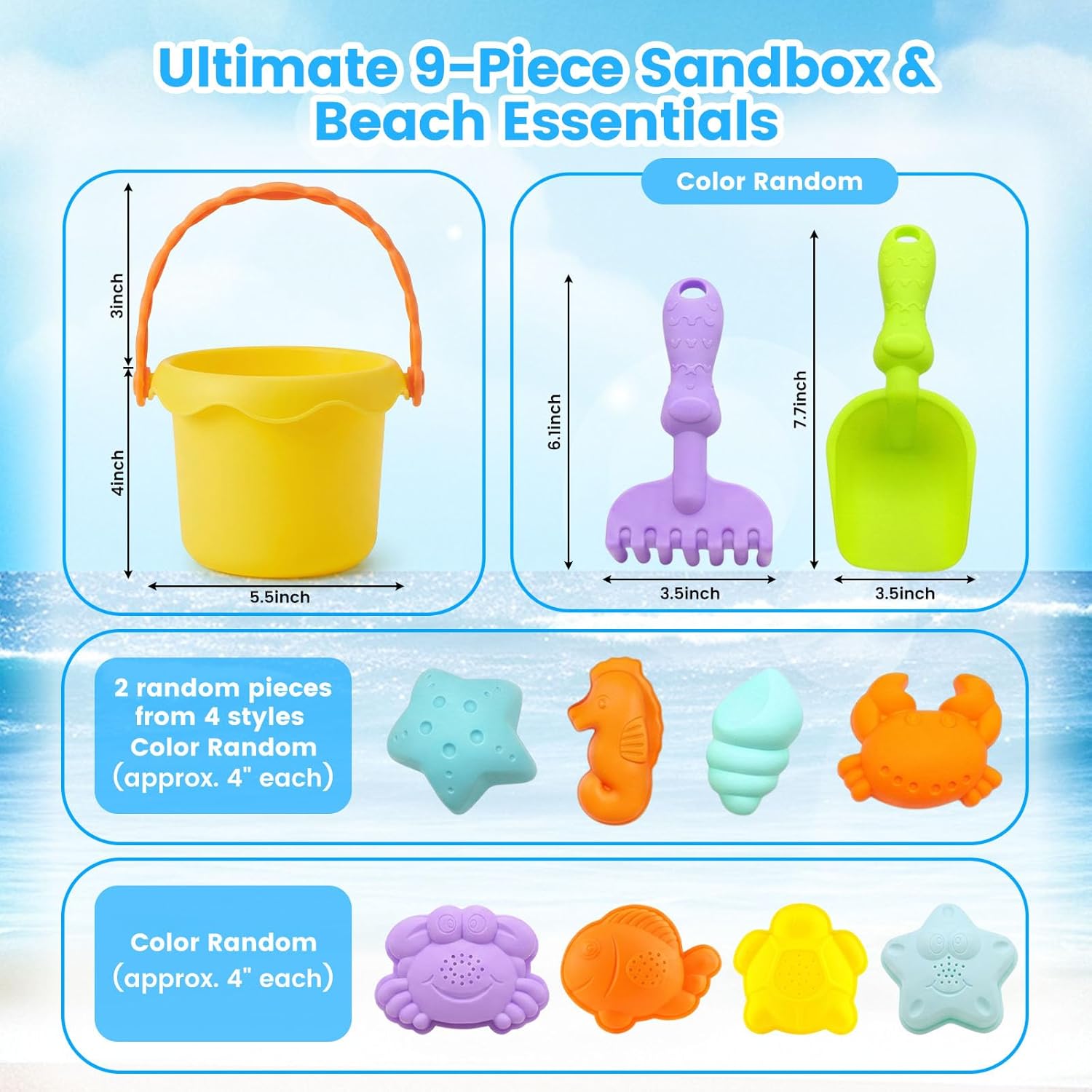 3 Otters Beach Toys Set, Baby Beach Buckets and Shovels RakesTool Kit Sand Bucket Boys and Girls Sand Toys Set 9PCS