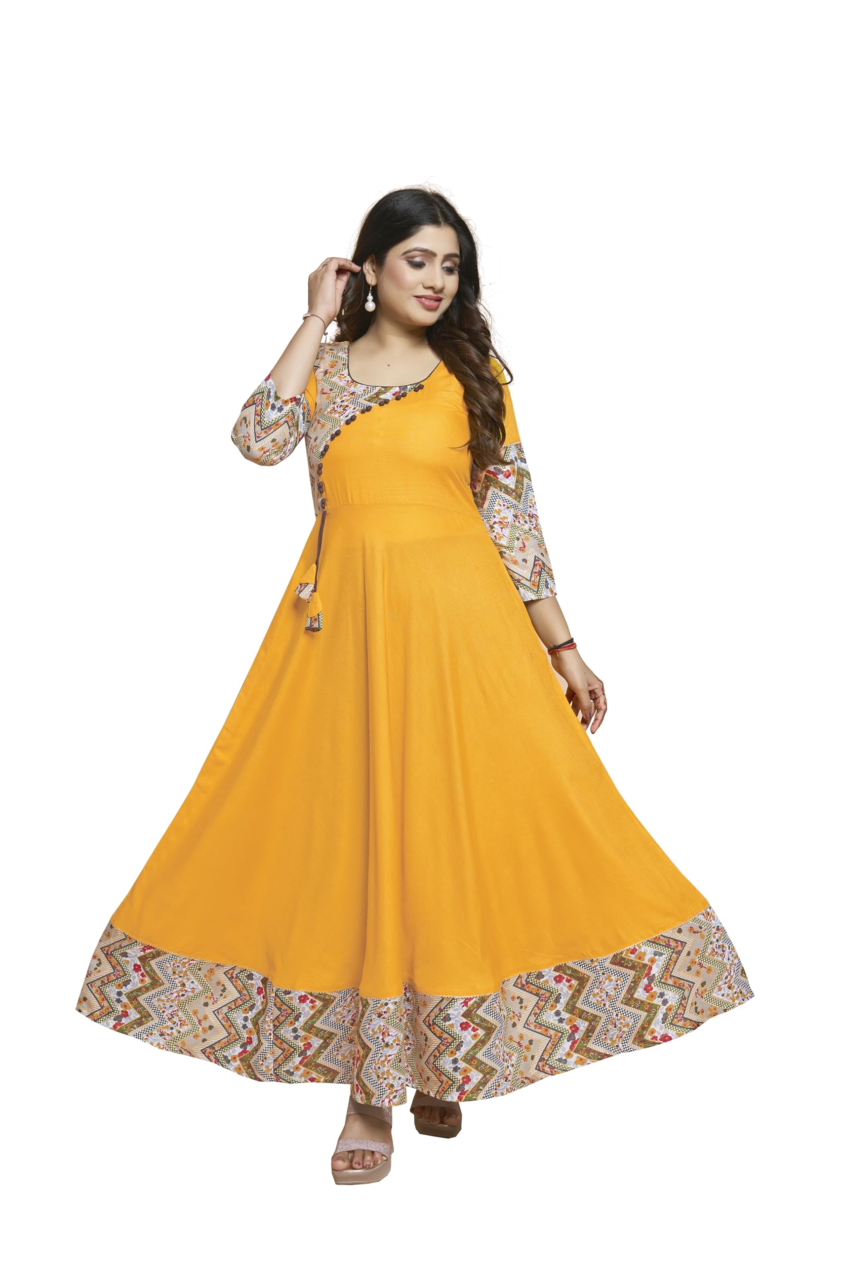 meesorra Patched Work Rayon Long Anarkali Peela Colour Kurti-picture-43