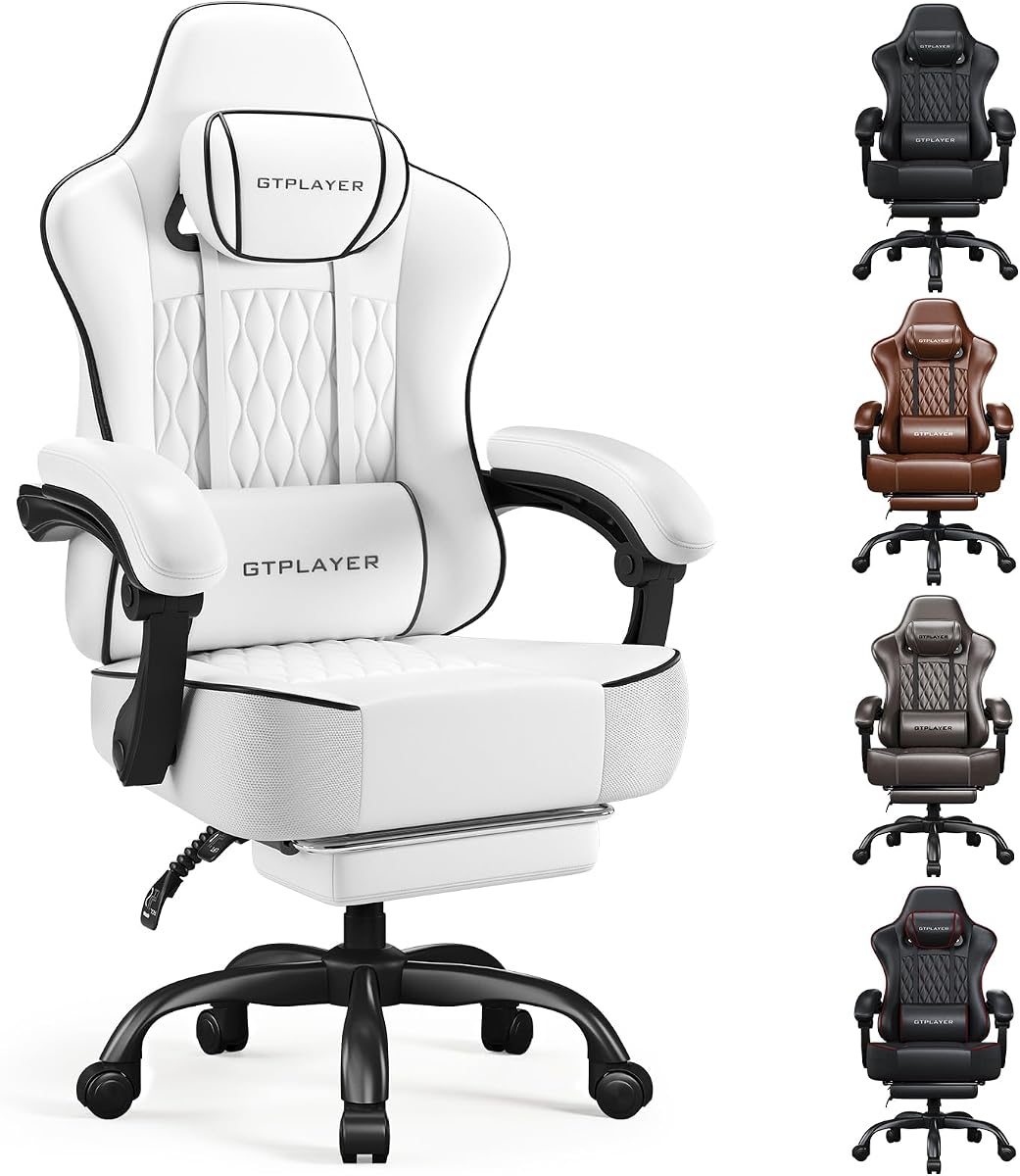 Silla para juegos grande y alta con reposapiés, silla de escritorio de oficina ergonómica con cojín de 4,4 pulgadas de grosor y asiento ancho sin alas, cómoda silla de cuero para ordenador, serie Predator, color blanco