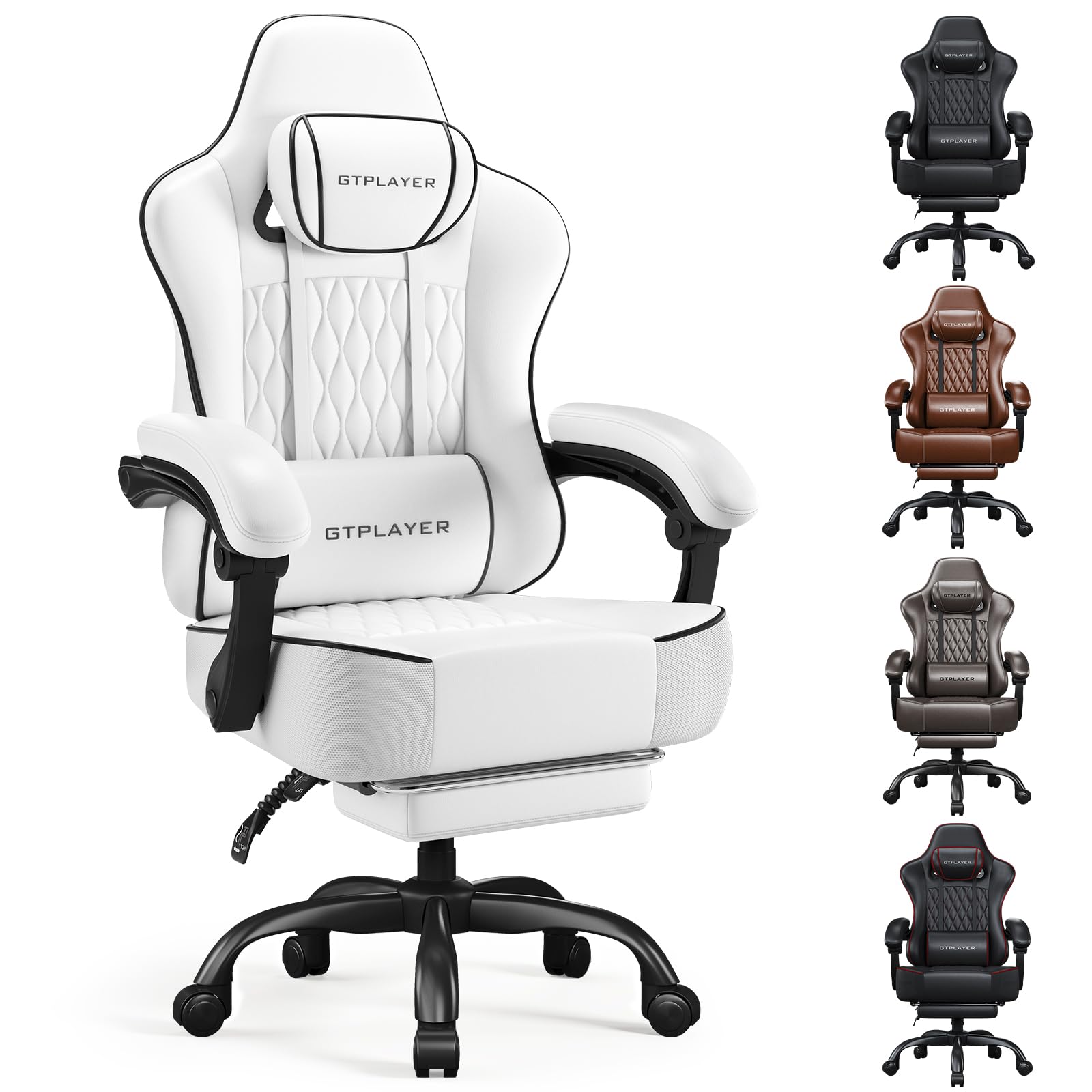 GTPLAYER Gaming Chair, Ergonomic Computer Chair with Footrest and Lumbar Support Height Adjustable Heavy Duty Home Office with 360°-Swivel Seat and Headrest