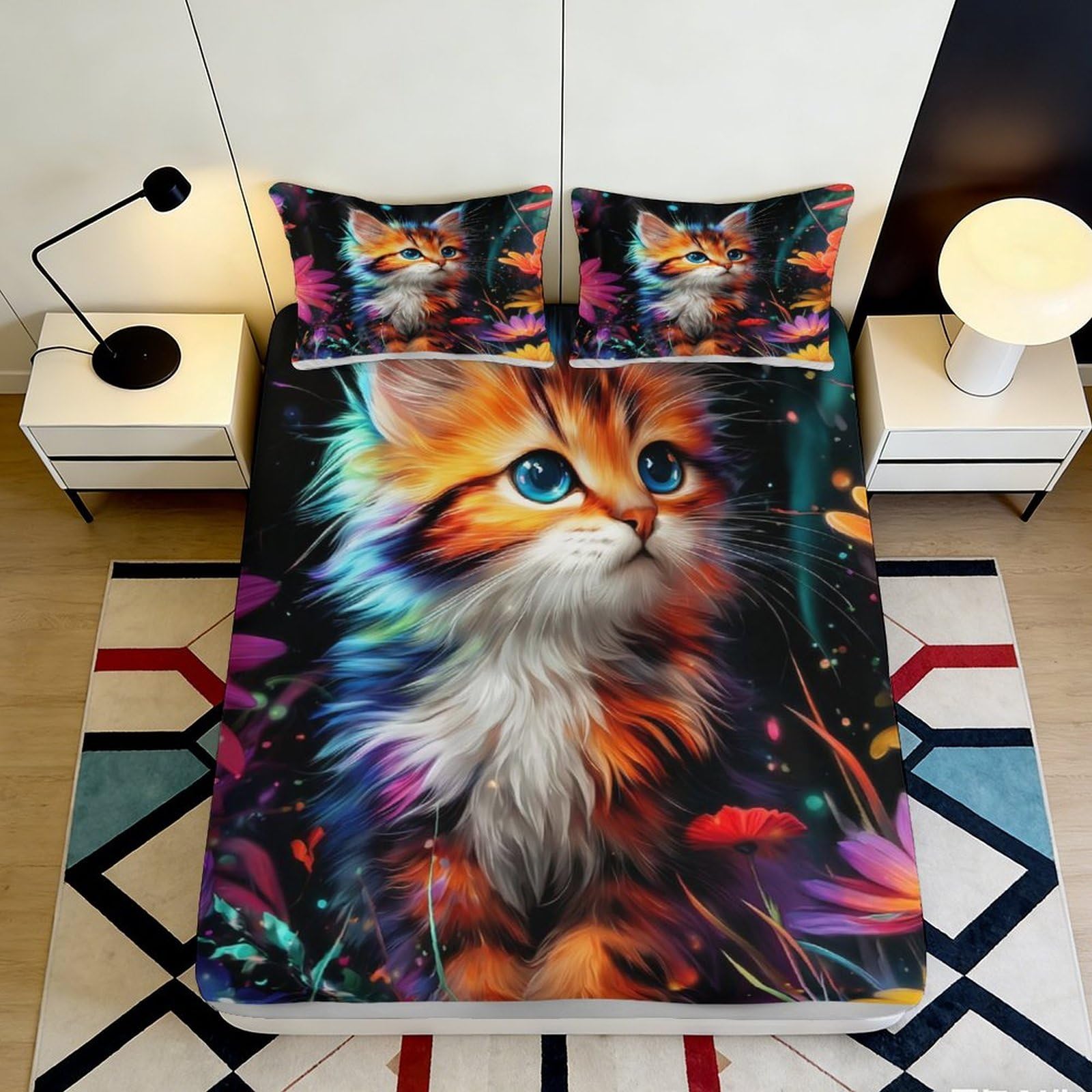 3D Printed Colorful Cat Microfiber Fitted Sheet Soft Breathable Artistic Kitten Bed Cover for Bedroom Dormitory Guest Room Mattress Protection Decoration 180x200x25cm