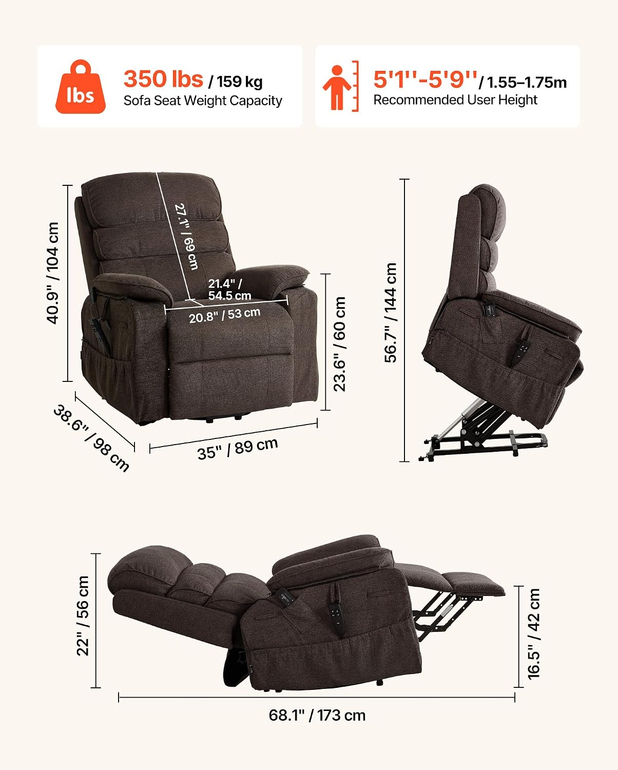 VEVOR Power Lift Recliner Chair, Dual Motor Lift Chair with Heat and Massage for Elderly, Position Adjustable, Remote Control, with Side Pockets, Chenille Fabric, Brown
