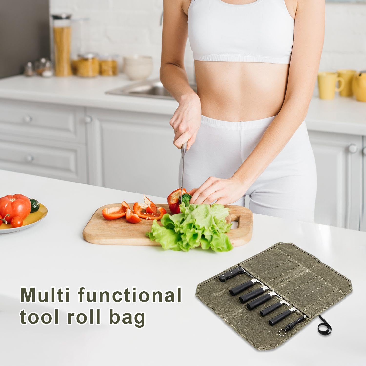Borsa A Rullo per Coltelli da 1 Pezzo E Borsa per Stoviglie da 1 Pezzo, Materiale in Tela Cerata A 7 Griglie, Portatile E Arrotolabile, Regalo per Utensili da Cucina (Verde).