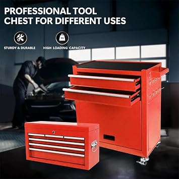8 Drawers Rolling Tool Chest, 2-in-1 Metal Tool Cabinet with Wheels, Detachable Top Toolbox & Bottom Storage Cart with Hooks for Garage, Workshop, Repair Shop or Salon Use (Red)