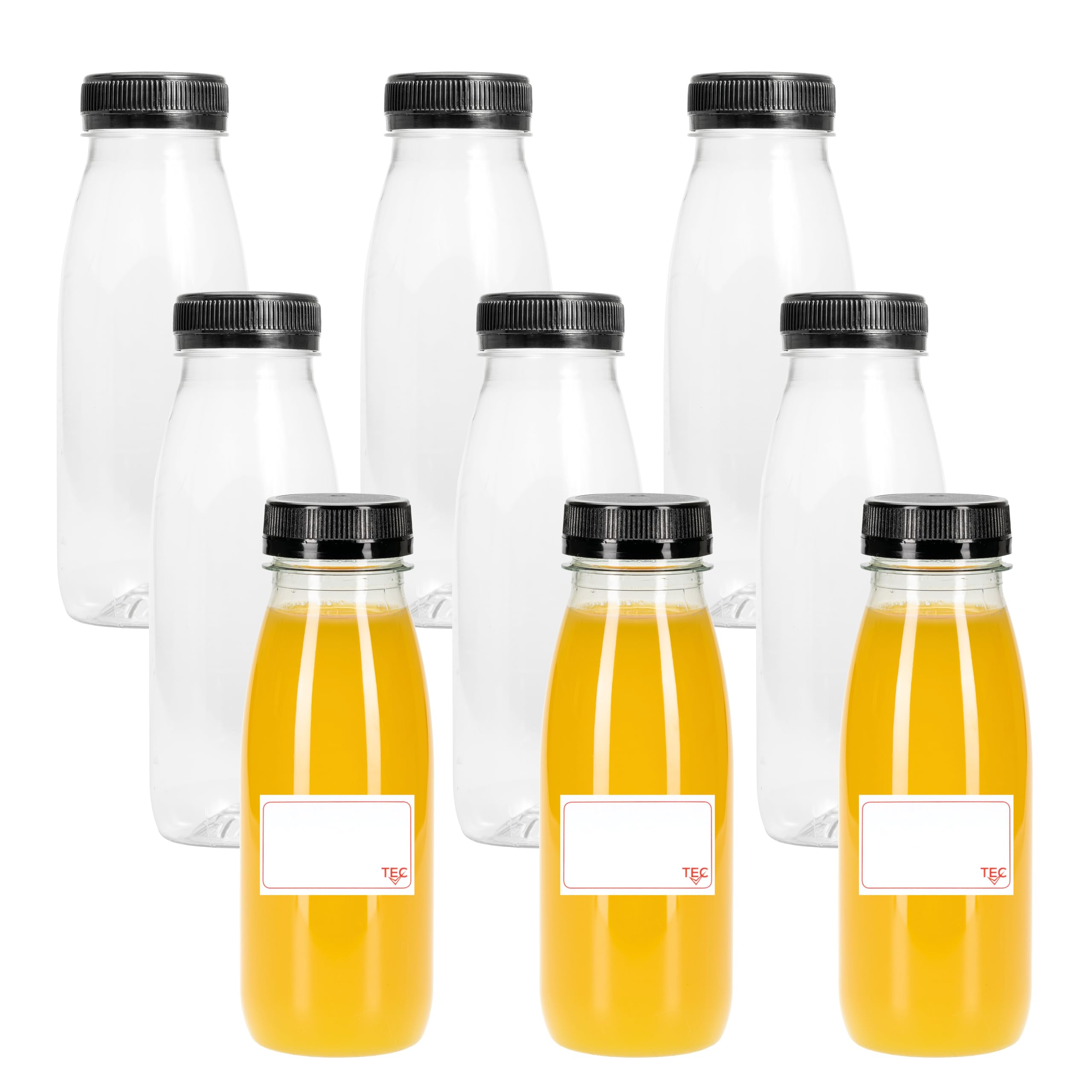 TEC Juice Bottles with Lids 250ml UK Made 30% Recycled PET Plastic Small Clear Round Tamper Evident Mini Drink