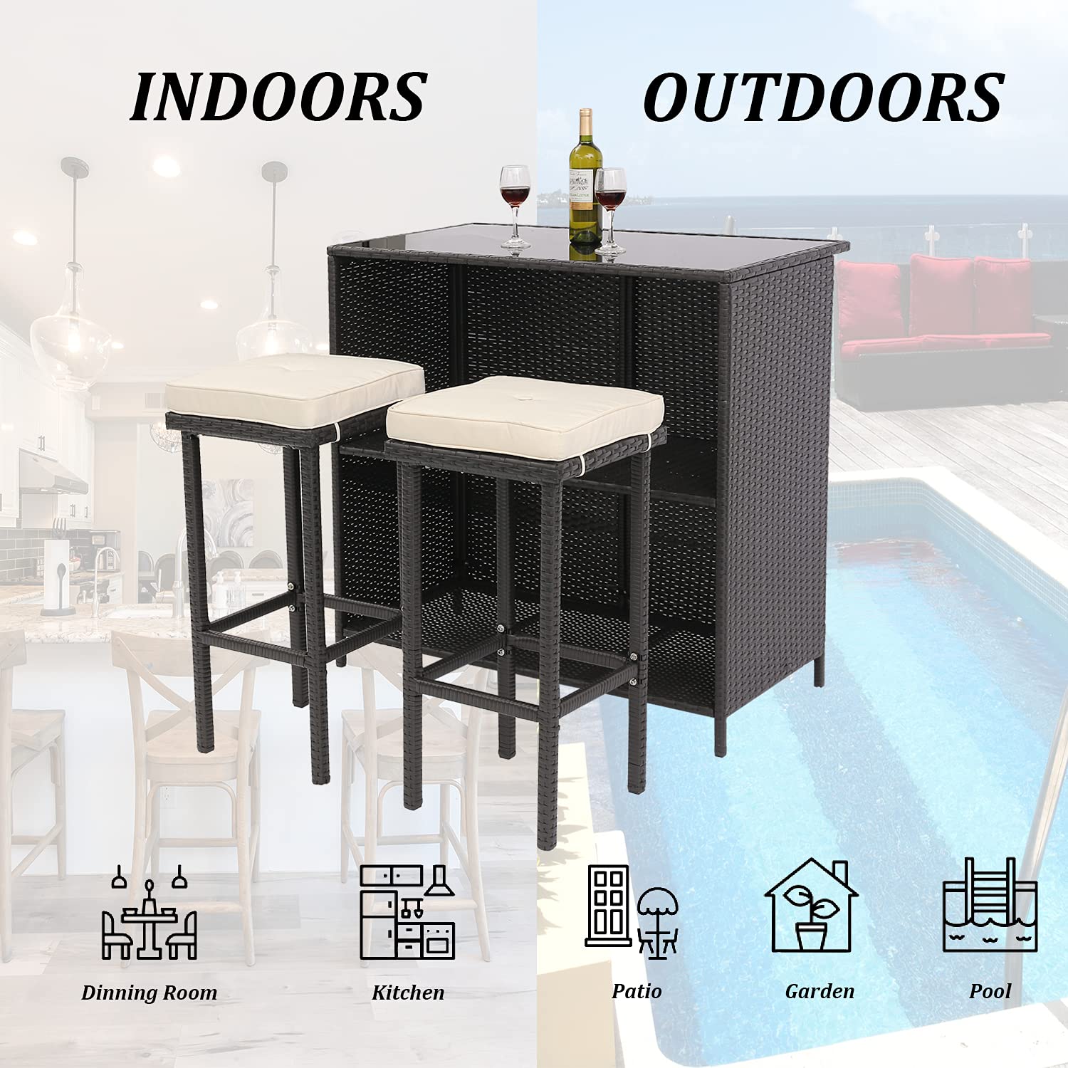 Furnimy Outdoor Patio Bar Furniture Outdoor Bar Table and Chair Set 3