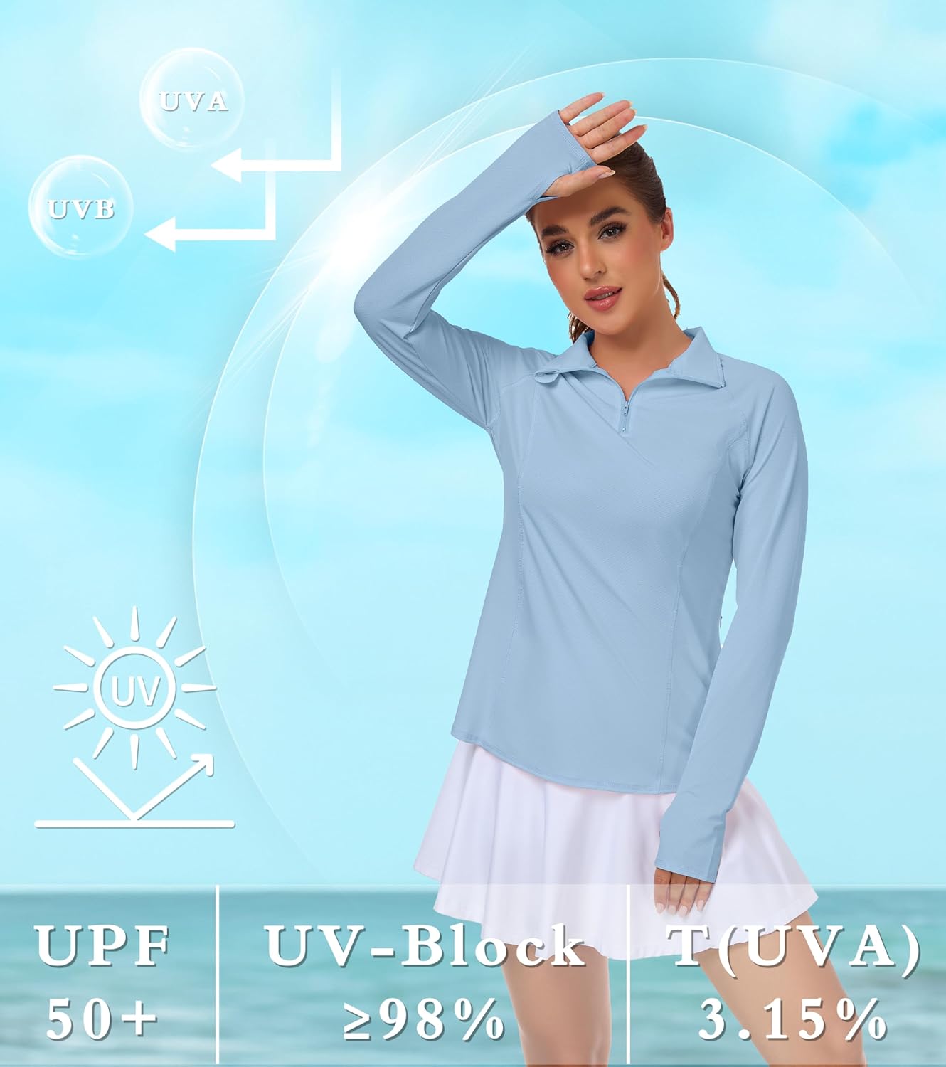 Womens UPF 50+ Sun Polo Shirts Long Sleeve UV Protection Quarter Zip Pullover Lightweight Athletic SPF Hiking Outdoor Tops - Image 3