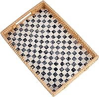 Vista 13 de Rectangle Rattan Tray with Mother of Pearl Inlay, Rattan Serving Tray with Handle for Coffee, Bread, Fruits, Snacks, Decorative Wicker Tray for