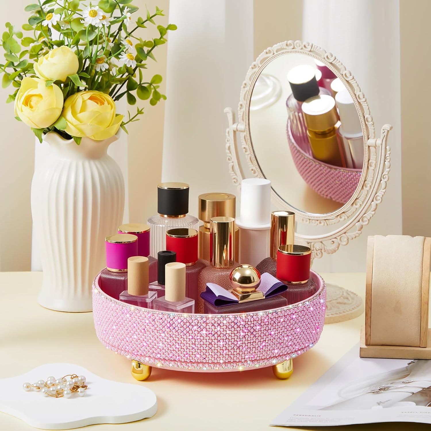 Honeydak Bling Perfume Makeup Organizer Bling Valentine's Day Mother's Day Gifts for Women Rhinestone Bathroom Organizers and Storage 360 Rotating Makeup Organizer for Countertop(Pink,Pearl) - Image 6