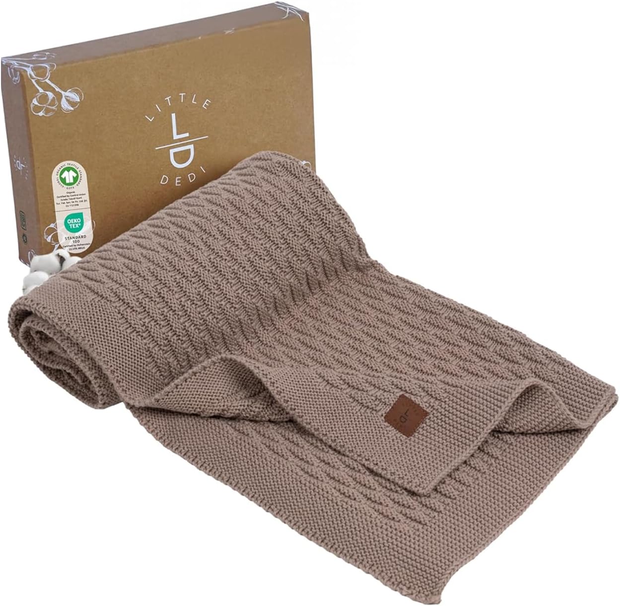 100% Organic Cotton Baby Knitted Blanket with Gift Box - Soft Toddler, Crib, Stroller Blanket - Neutral Swaddle and Receiving Blanket for Newborns, 30"x40", Mocha Brown, Nora