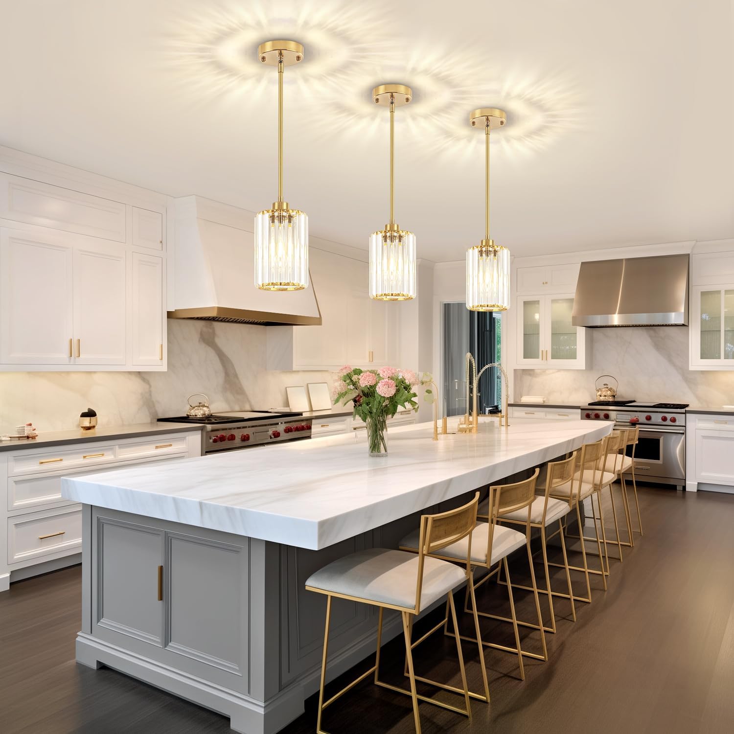 3 Pack Brushed Brass Pendant Lights Kitchen Island, Modern Crystal Pendant Lighting Over Island Kitchen Hanging Light Fixtures Adjustable Pendant Light for Dining Room Bathroom Entryway Hallway Foyer