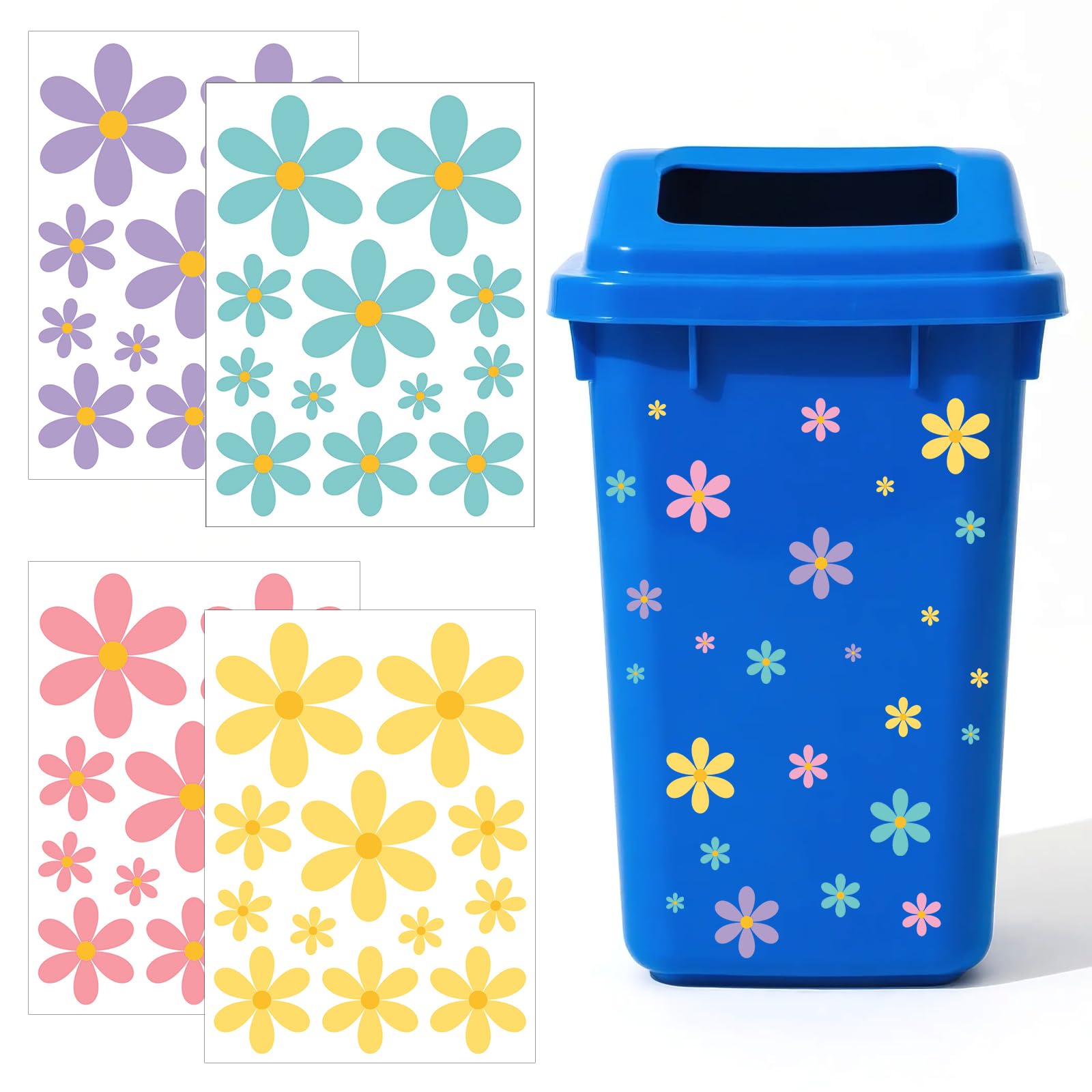 Wheelie Bin Stickers Daisy Stickers, 4 Sheets Self-Adhesive and Waterproof Flower Sticker for Car Fridge Bins Wall Outdoor Indoor Decorative Decal (Pink, Yellow, Purple, Blue)