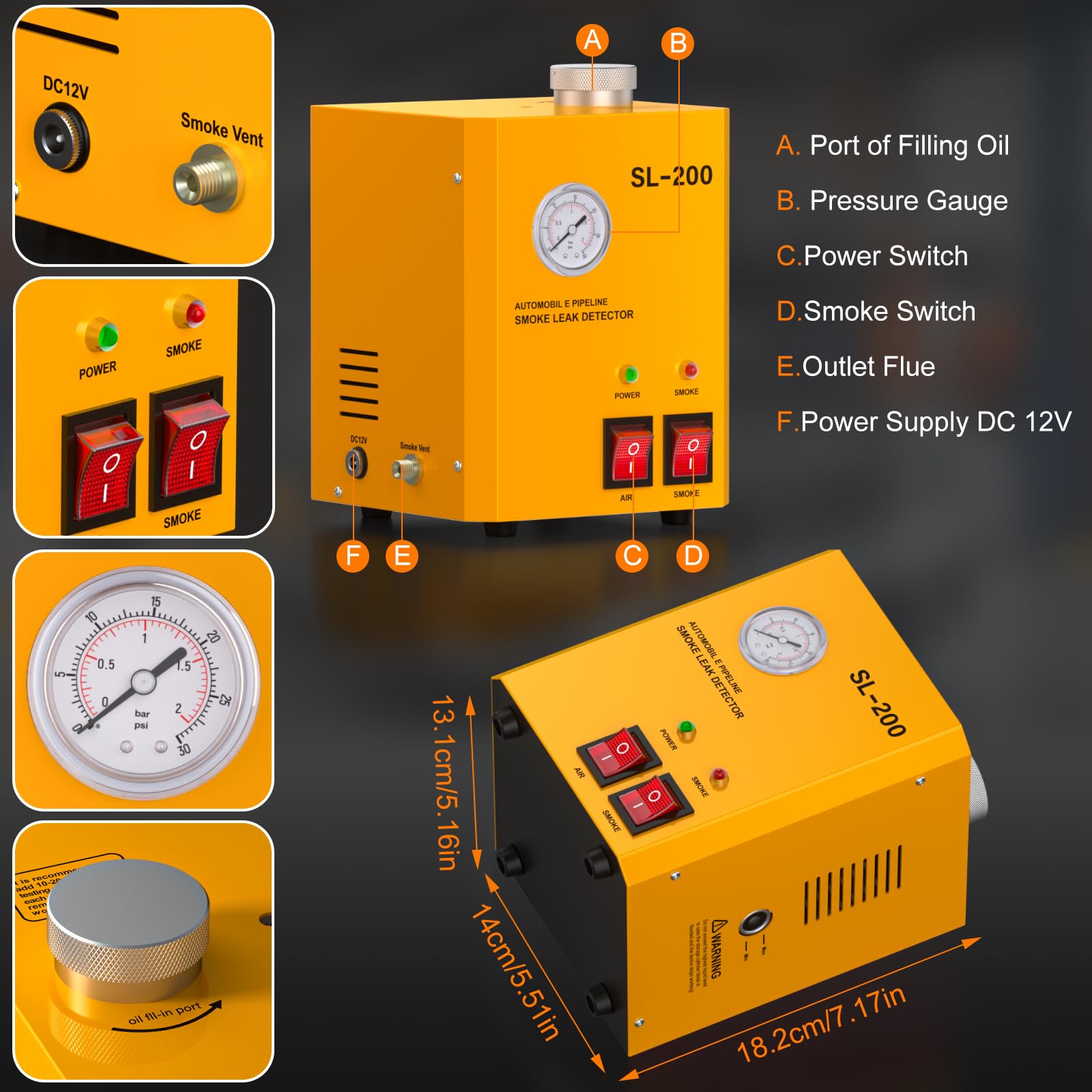 GODIAG SL200 Máquina de Humo Coche Maquina de Humo para Coche con Manómetro Detector Fugas Humo con Bomba de Aire Incorporada máquina Humo Coche para Coches 12V, ATVs, Motos, Motos de Nieve y Barcos