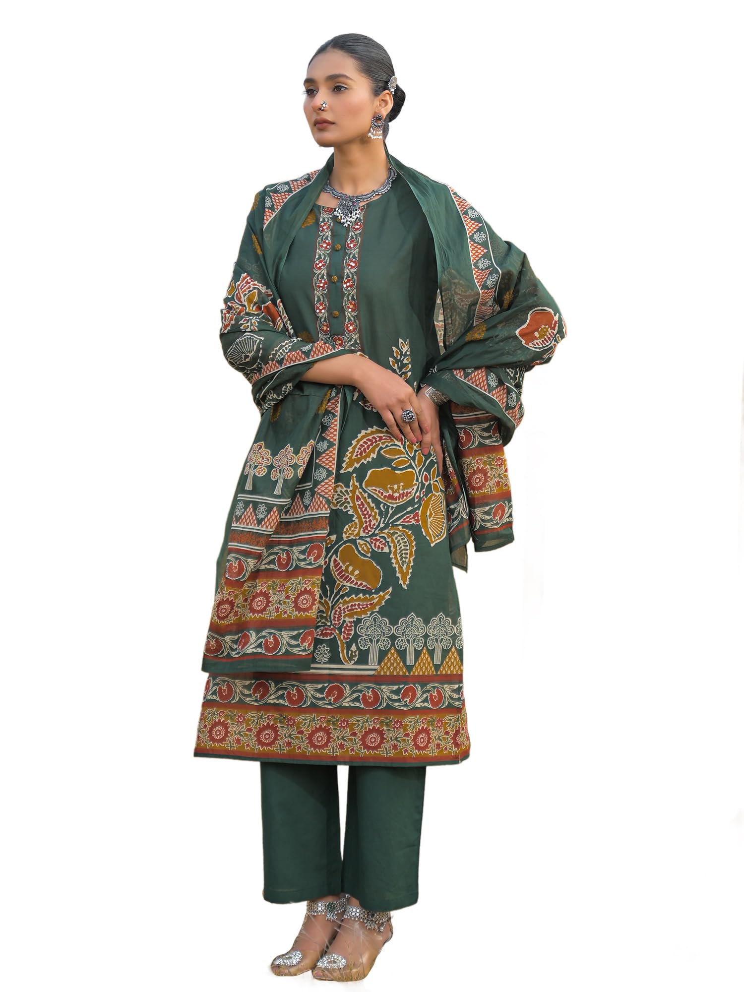 indo era Women's Green Pure Cotton Floral Printed Sequinned Kurta & Pant with Dupatta Set-picture-39