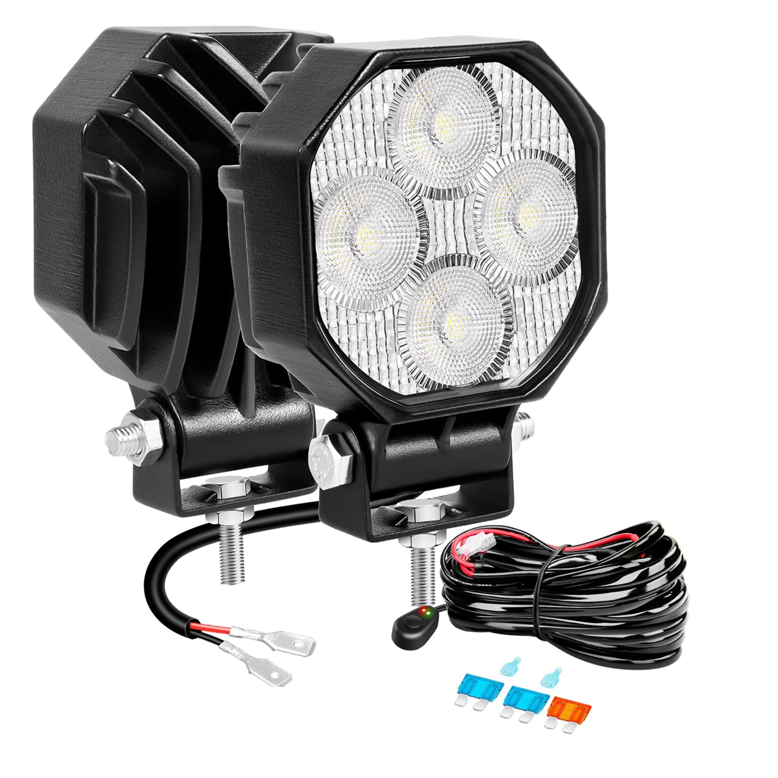 AUXTINGS 2 Pack 2.8 inch LED Pods with Wiring Kit, 1500LM Work Light 120° Flood Beam Side Shooter Offroad Lights for Vehicle Tractor Truck Motorcycle Boat ATV UTV Side Rear Back-Up Reverse Lamps