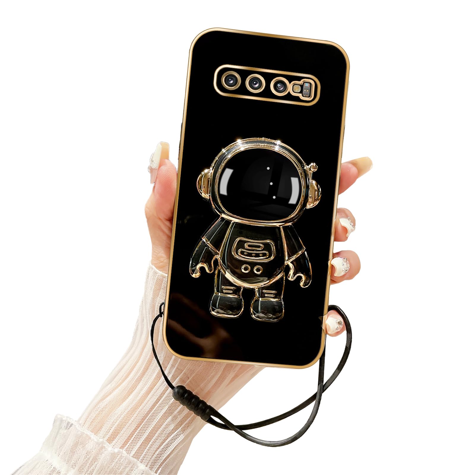 Tesazxcn for Samsung Galaxy S10 Case (Not S10 Plus) with 6D Plating Astronaut Hidden Stand and Lanyard Strap Soft TPU Shockproof Protective Cover
