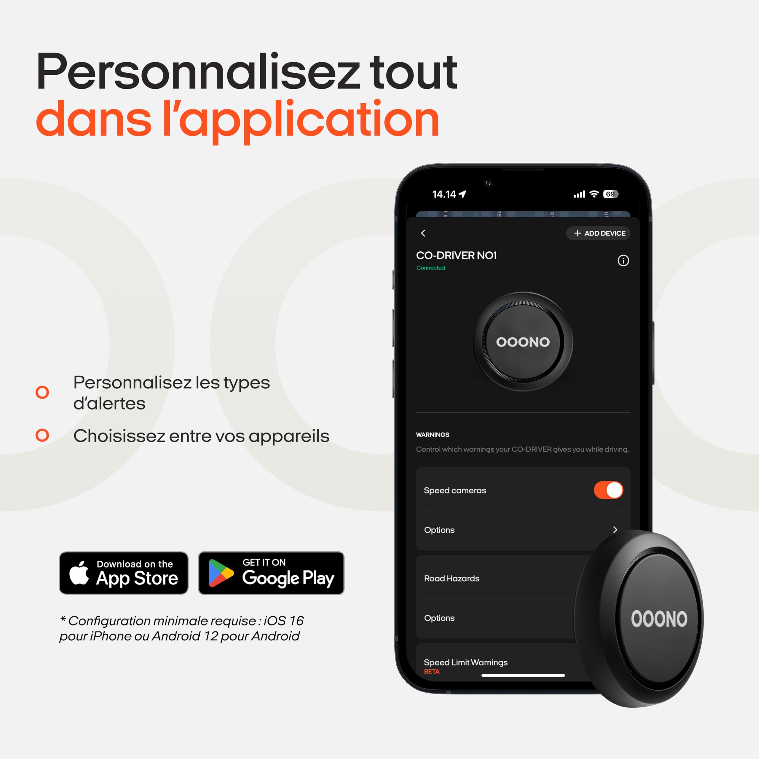 OOONO Co-Driver NO1 : avertisseur de radars et Dangers Routiers en Temps réel Via Application Gratuite | Signal Acoustique et indicateur LED | Noir | Activation Automatique | Lot de 1