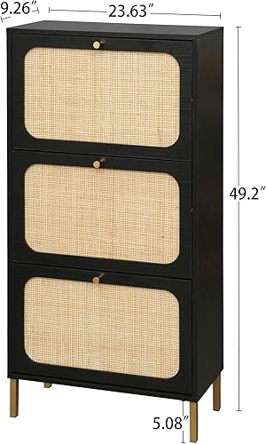 Miniatura 2 de ZeHuoGe Zapatero de ratán natural con 3 cajones abatibles, armario de almacenamiento estrecho negro con patas de metal para tacones, zapatillas,