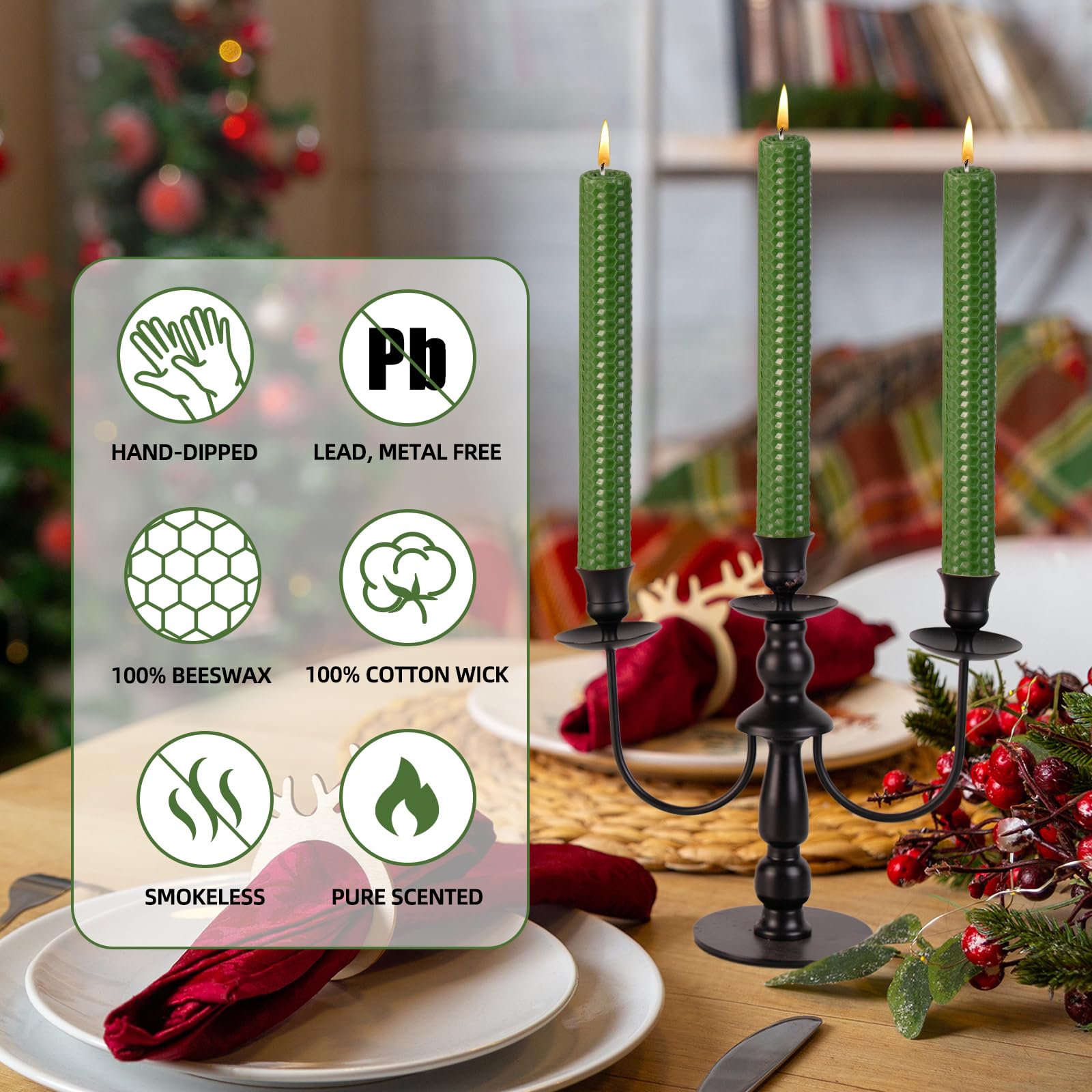 KONNI Green Beeswax Taper Candles, 0.87 inch x 7.87 inch Hand-Rolled, Unscented, Smokeless Beeswax, Long Burning Time, Flat Top (Pack of 3), for Weddings, Dinner Parties, Spas, and Home Decor