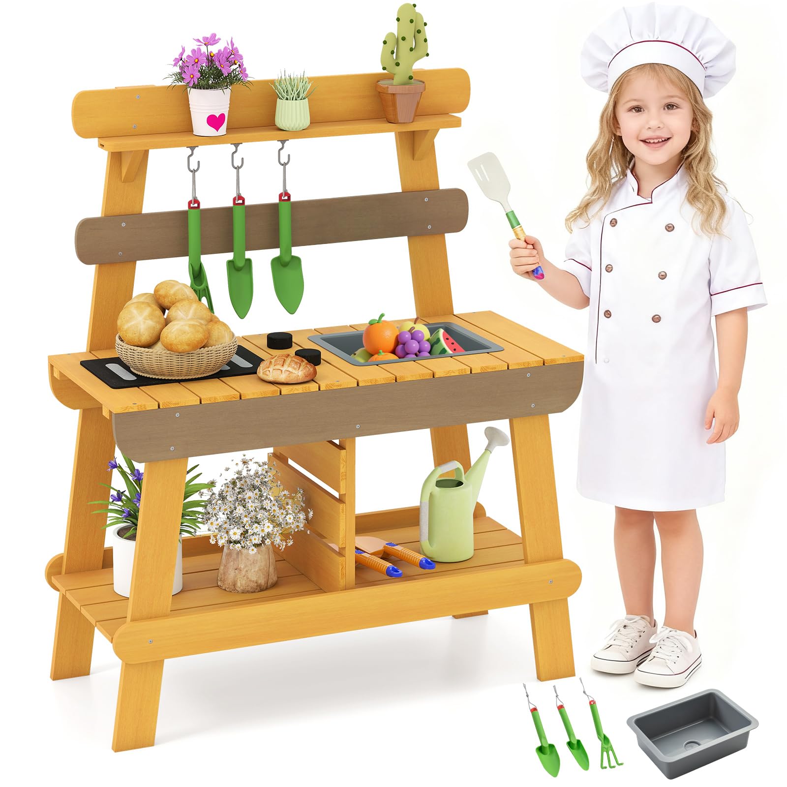 COSTWAY Mud Kitchen, Outdoor Kids Play Kitchen with Sink, BBQ Rack, Hanging Hooks, Storage Shelves & Gardening Accessories, Wooden Pretend Kitchen Playset for Boys Girls Ages 3+