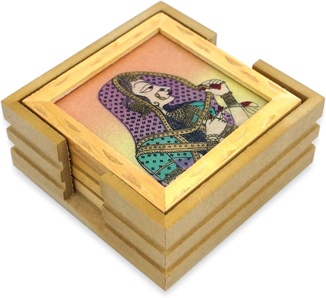 Handmade Gemstone Rajasthani Ladies With Red Rose Painting Tea Coaster