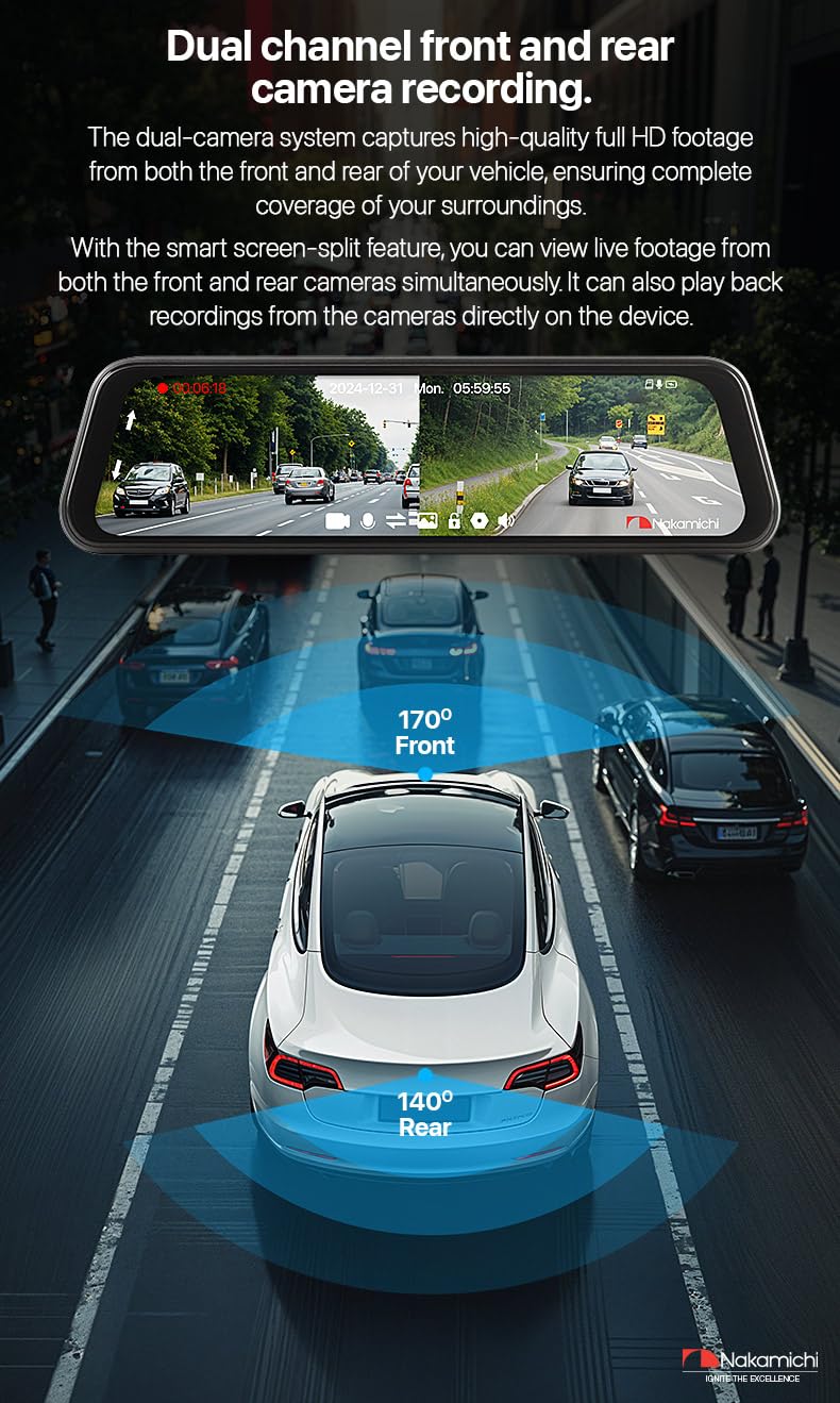 Nakamichi ND410W Dash CAM 1080p Frontal y Trasera, Espejo Retrovisor Digital, Asistencia de Estacionamiento, Visión Nocturna WDR, Grabación en Bucle, WiFi, Control por App, Tarjeta SD 64GB Incluida