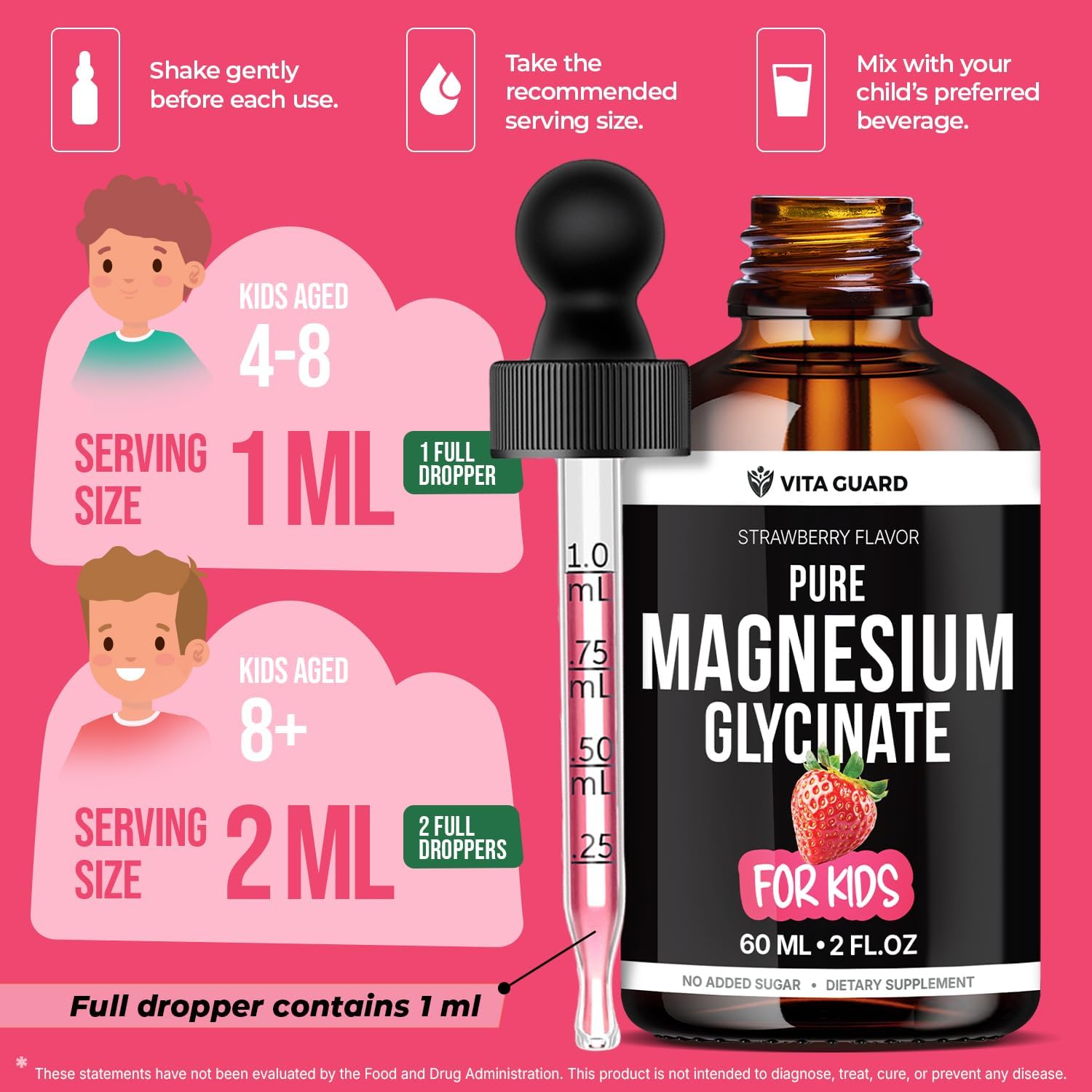 Vita Guard Pure Magnesium Glycinate for Kids – High Absorption Liquid Magnesium Drops for Sleep, Calm & Muscle Support – Sugar Free Kids Magnesium Supplement for Toddlers & Children Natural Strawberry