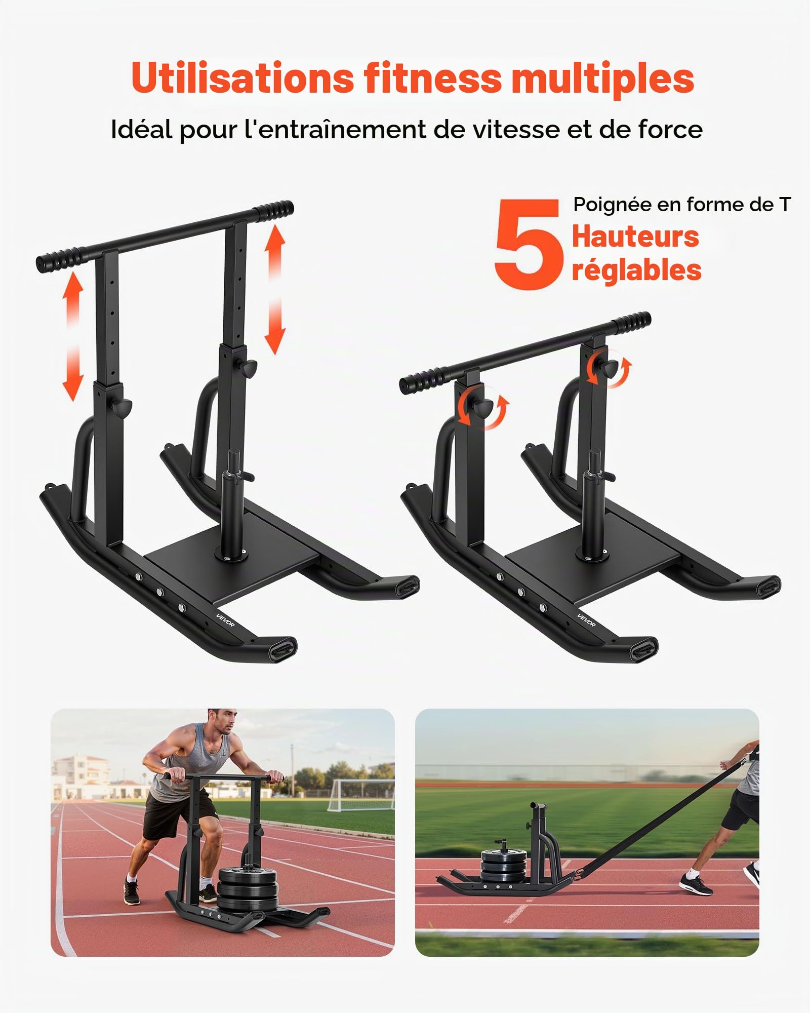VEVOR Traîneau de Puissance Poussée Traction, Équipement d'Entraînement de Force, Vitesse et Explosivité avec Poignée Réglable en Hauteur, Compatible avec Disques de 2,5 et 5 cm, pour Fitness, Noir