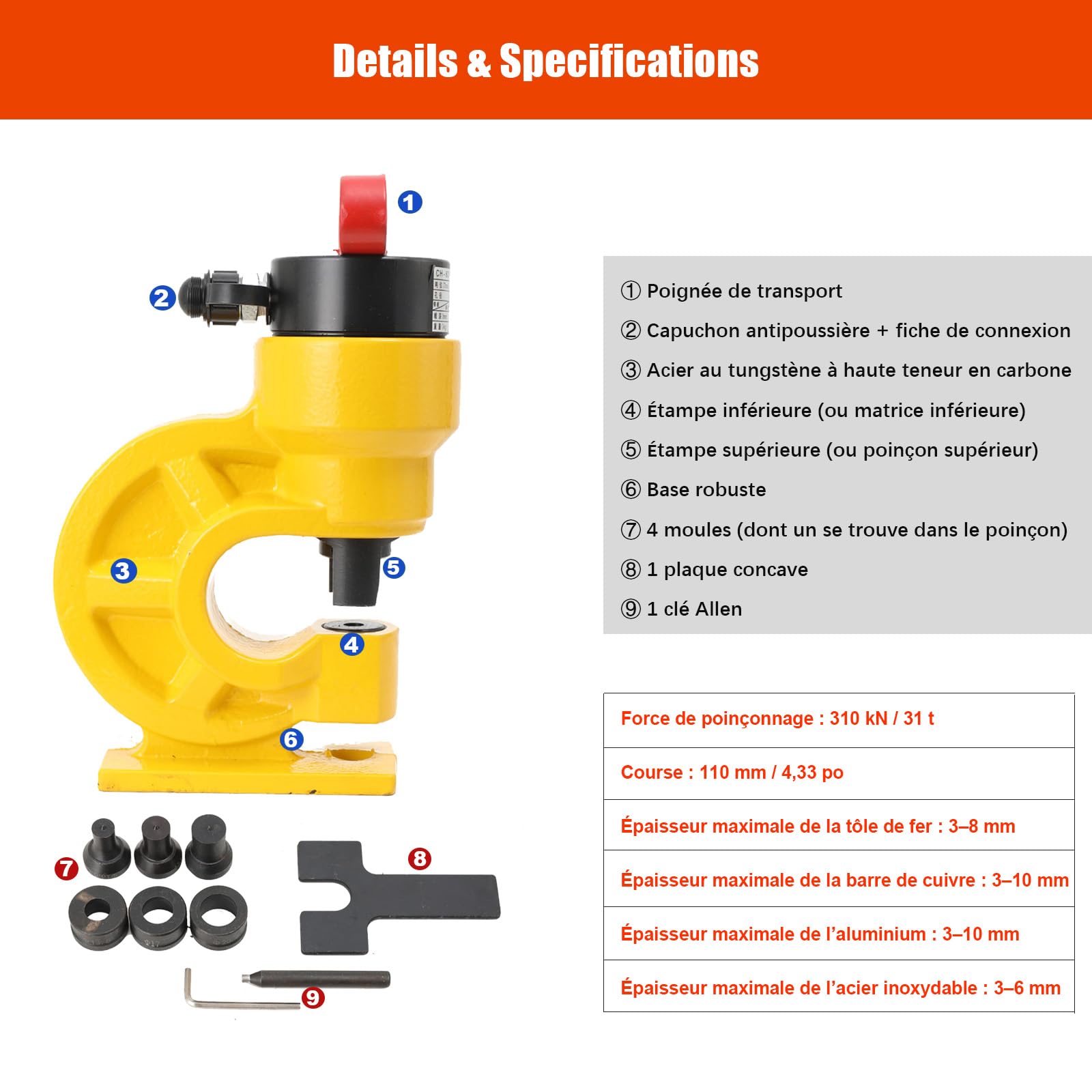 Poinçonneuse Hydraulique 31T CH-60, Perforateur Métal 310KN avec 4 Matrices (10.5, 13.8, 17.5, 20.5mm), Kit de Perforation Hydraulique, Perforateur de Tôle
