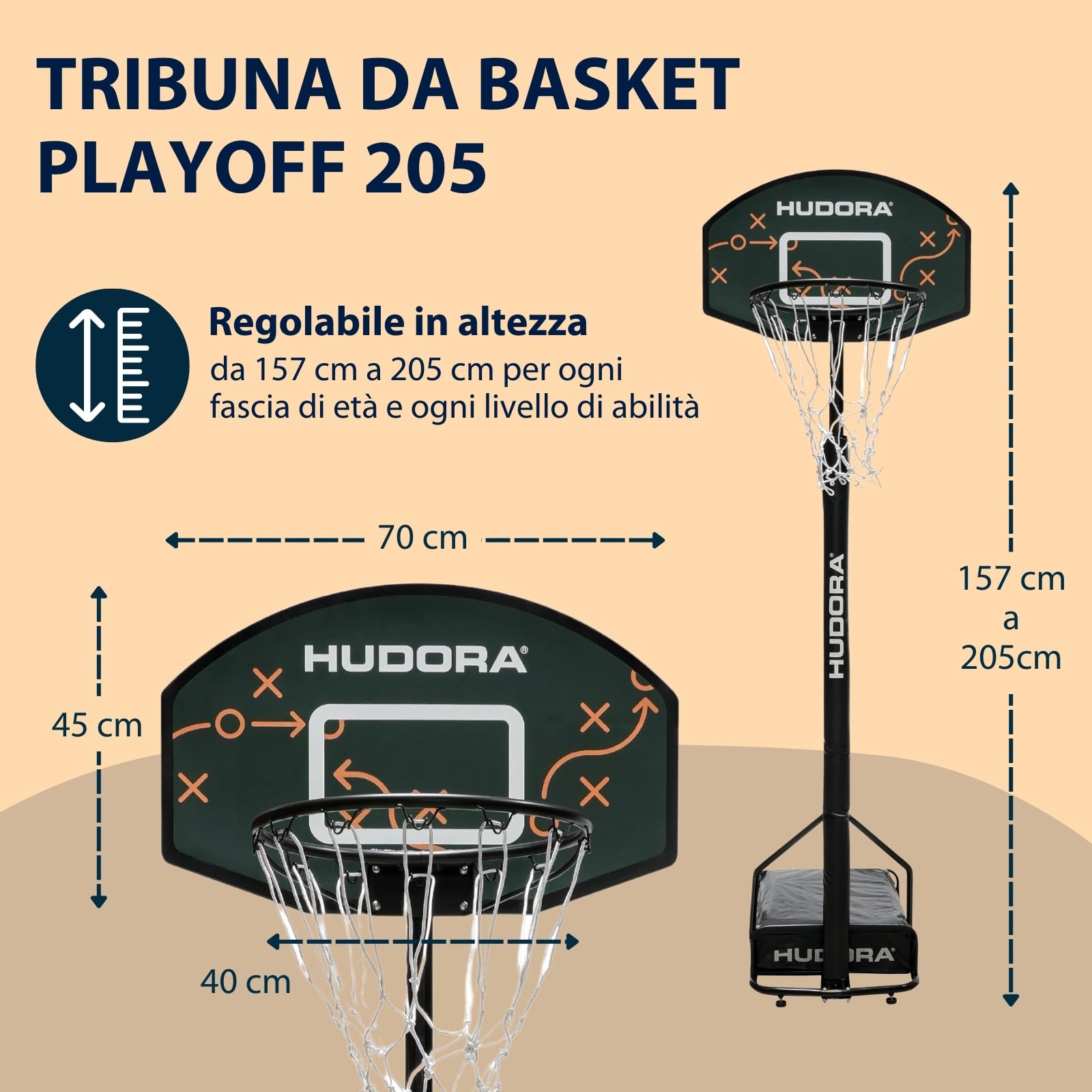 HUDORA Canestro da Basket Playoff 205 - Canestro da Basket con Supporto Regolabile per Bambini e Ragazzi - Canestro Mobile da Esterno per Giardino - Canestro da Basket con Supporto e Ruote