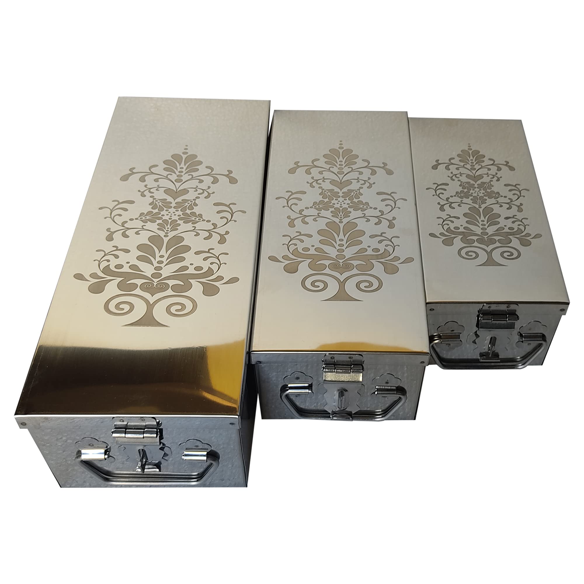 Stainless Steel safe Locker Boxes For Cash Peti Pooja Jewellery set Box (Multi_Pack of 3) Size -8 Inch, 10 Inch, 12 Inch With Laser Printed Tree-image-9